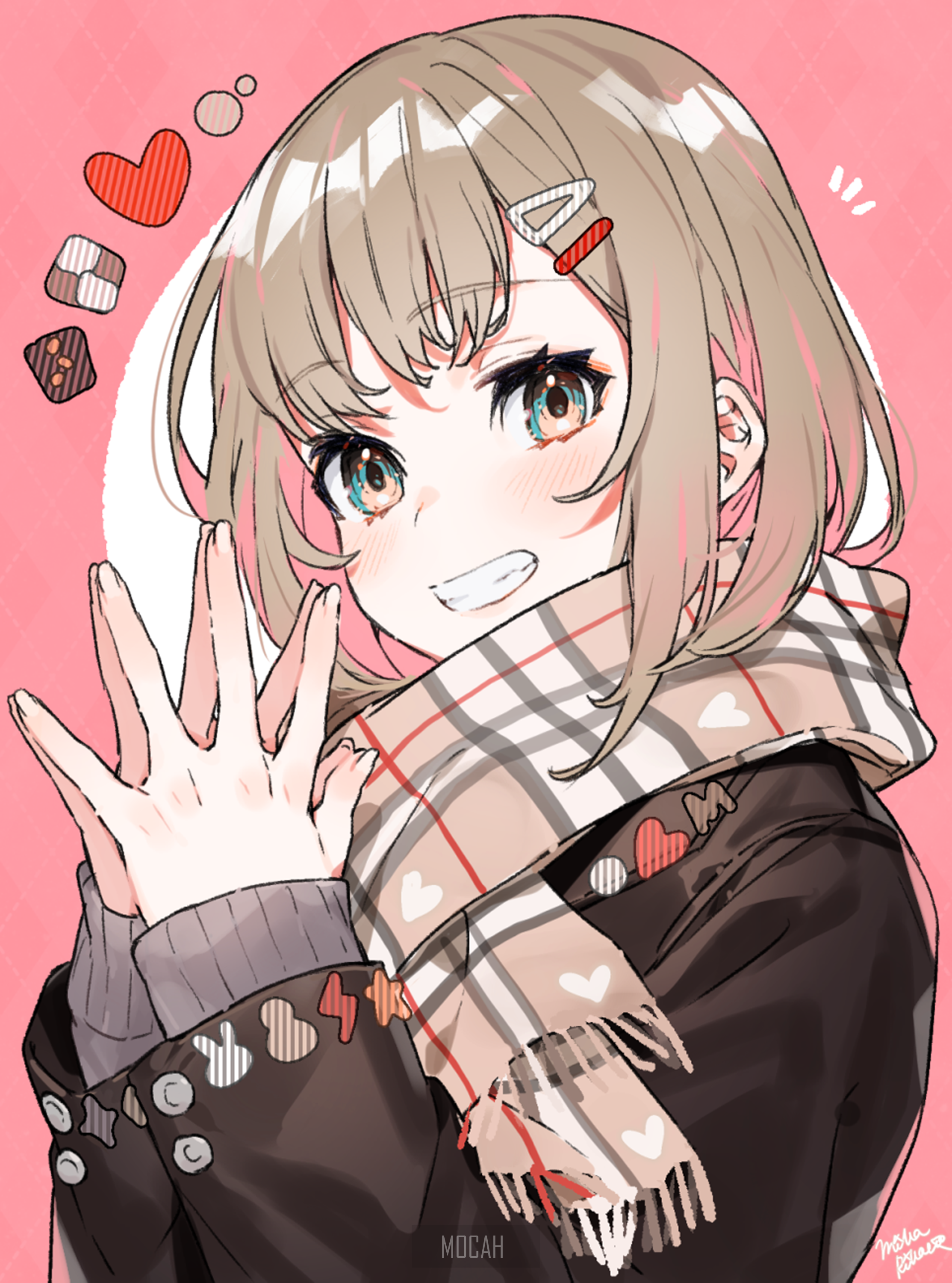 Smiling Anime Girl with Heart Motif Scarf HD Phone Wallpaper
