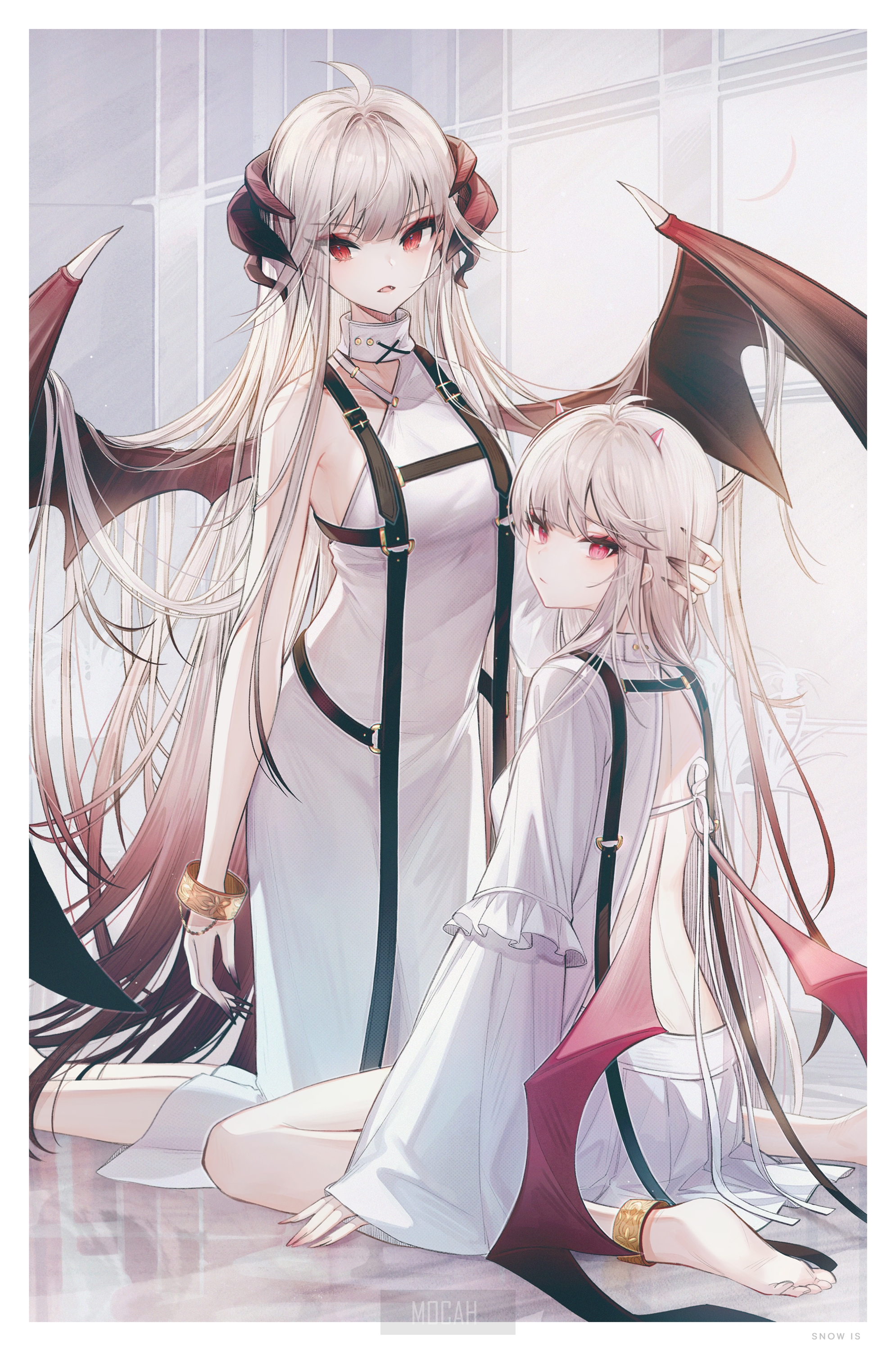 Two anime girls with wings and horns HD Phone Wallpaper