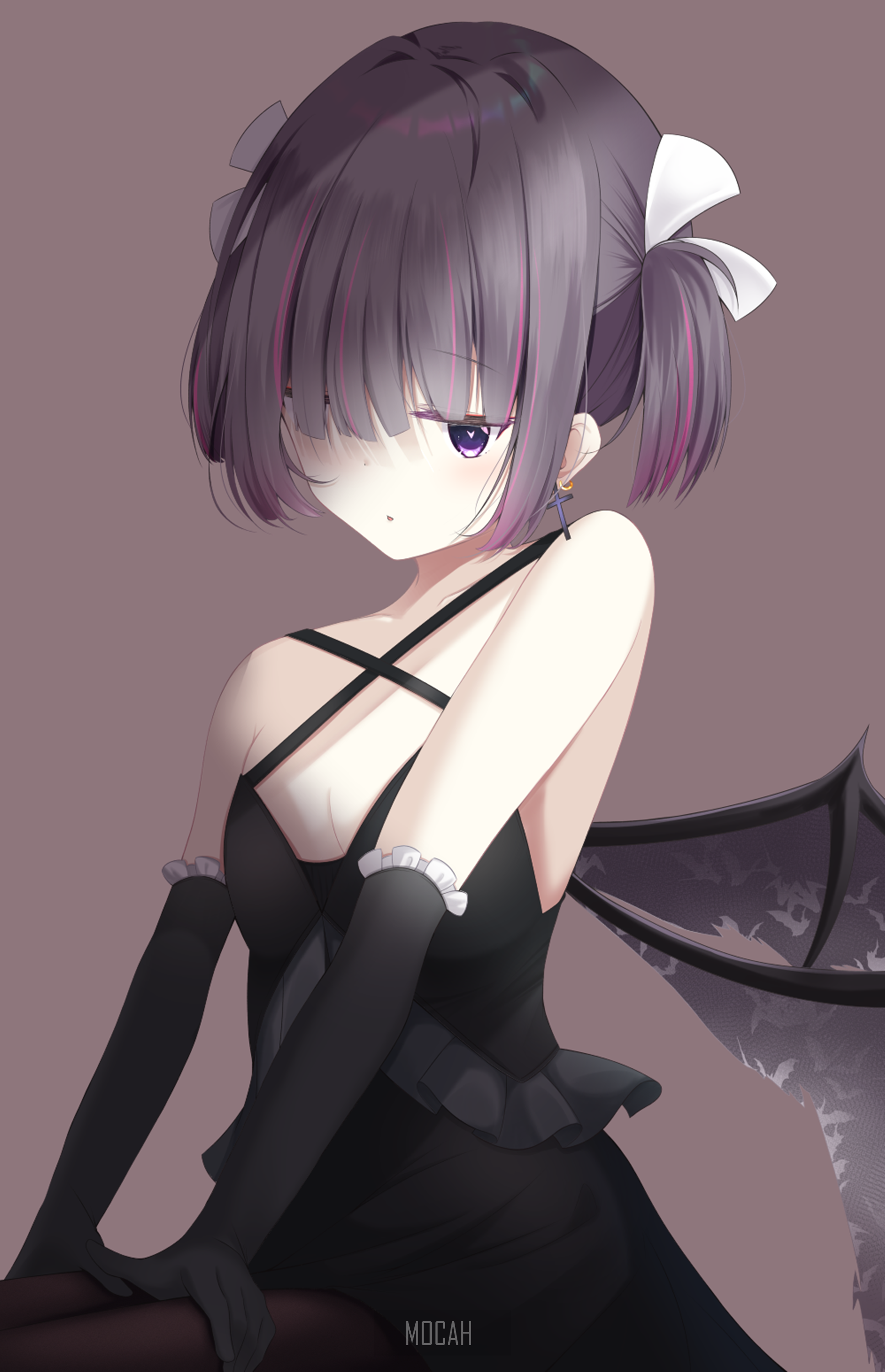 Anime girl with bat wings and black dress HD Phone Wallpaper