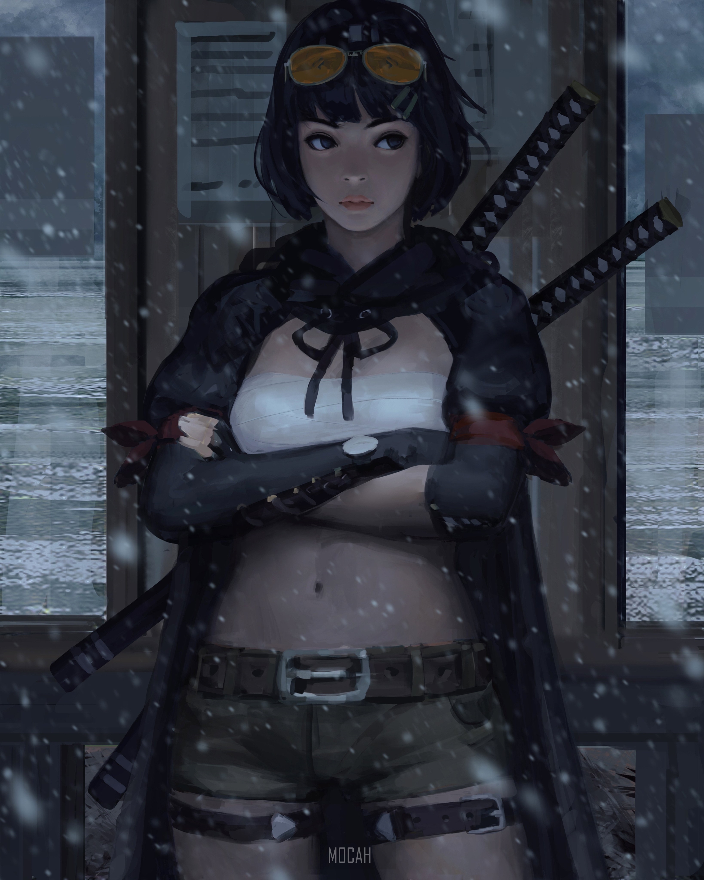 Anime girl with swords in the snow HD Phone Wallpaper