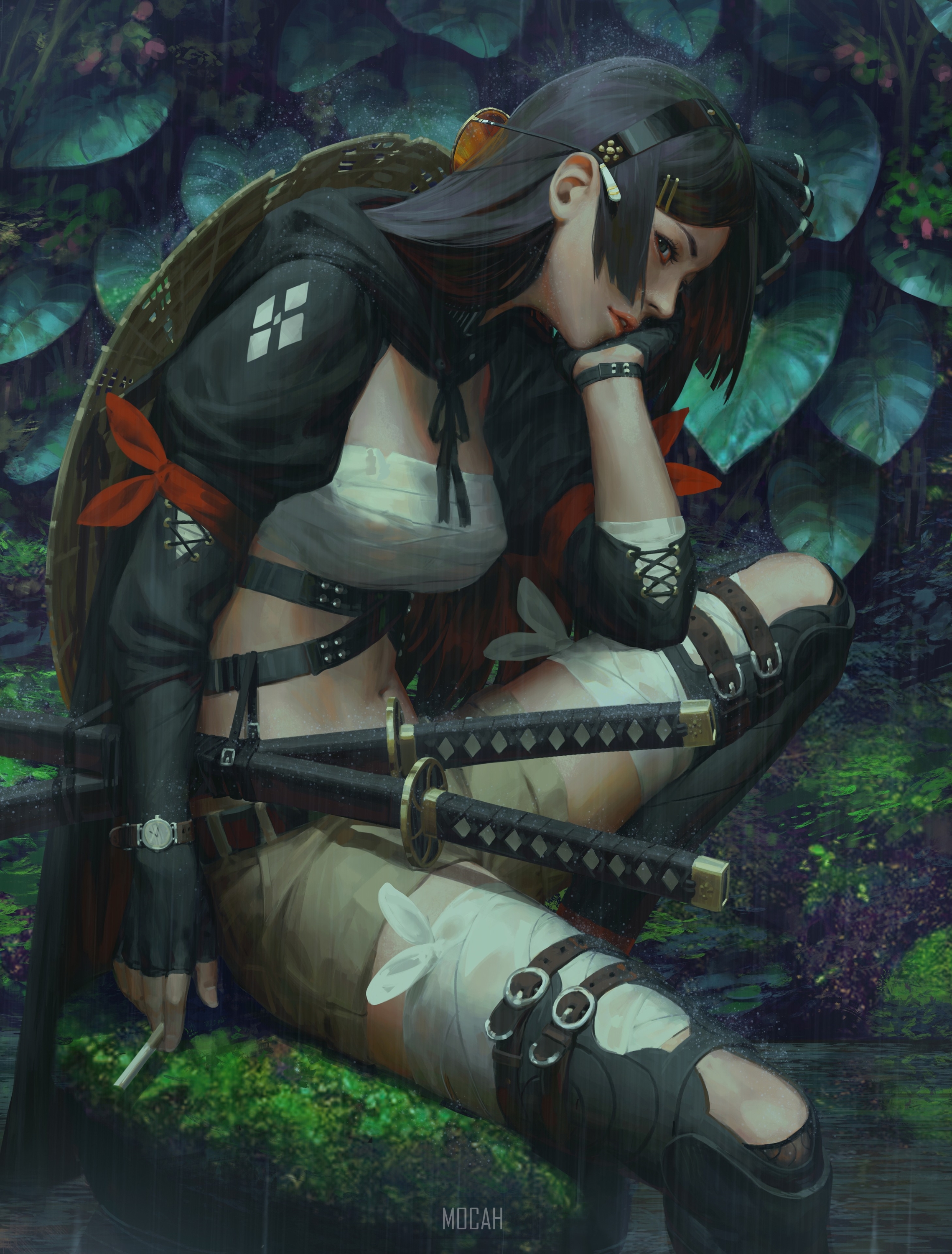 Female samurai with swords in the rain HD Phone Wallpaper
