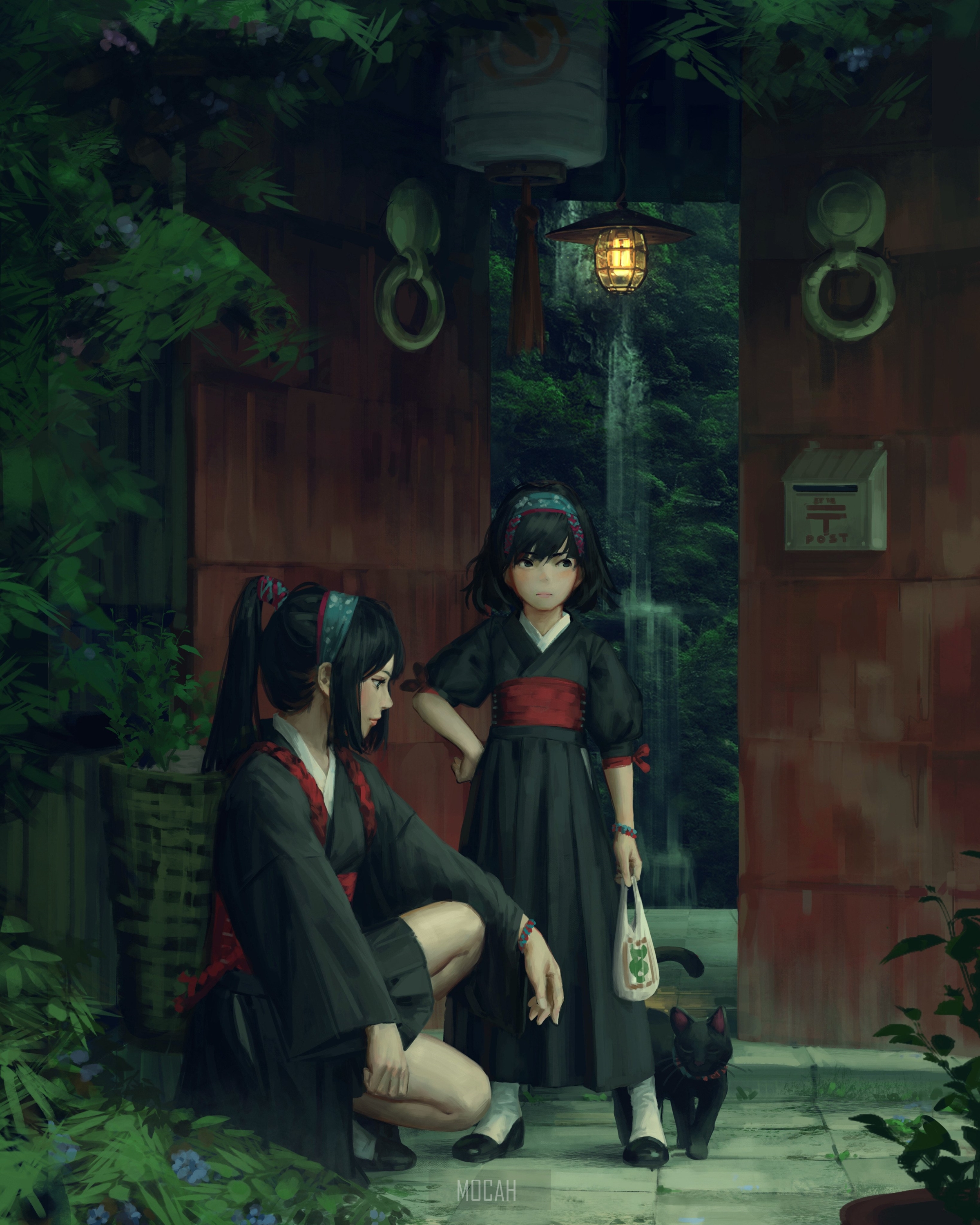 Two anime girls in kimonos with a black cat HD Phone Wallpaper