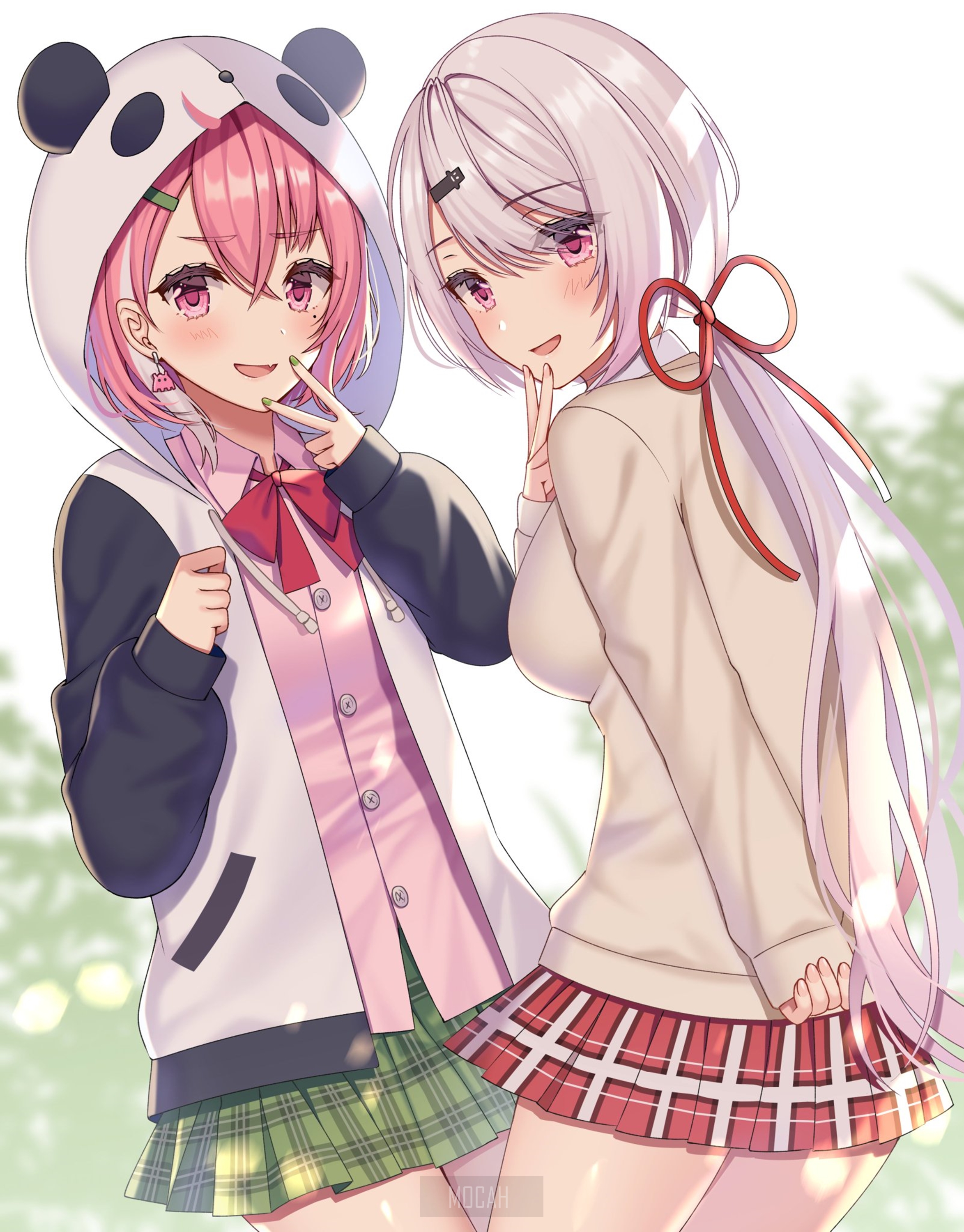 Two anime girls in school uniforms and panda hoodie HD Phone Wallpaper