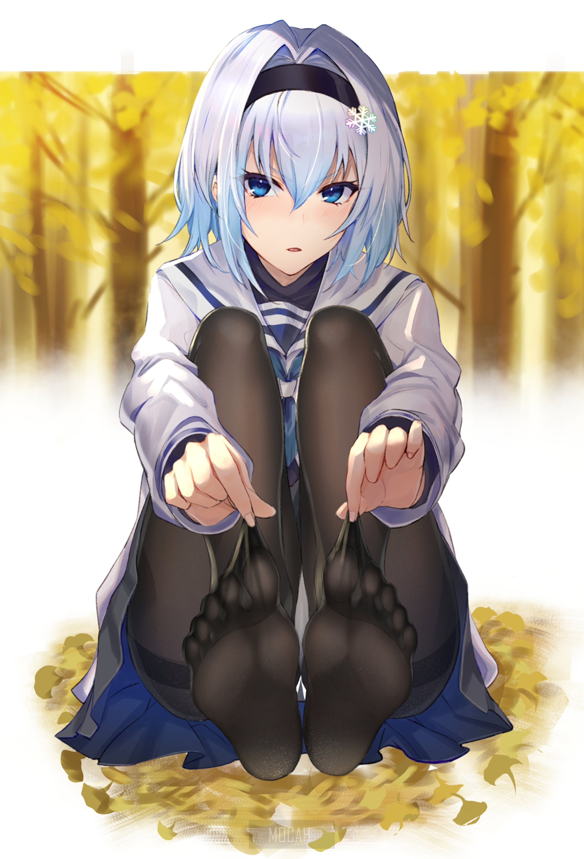 Thoughtful Anime Girl with Silver Hair in Autumn HD Phone Wallpaper