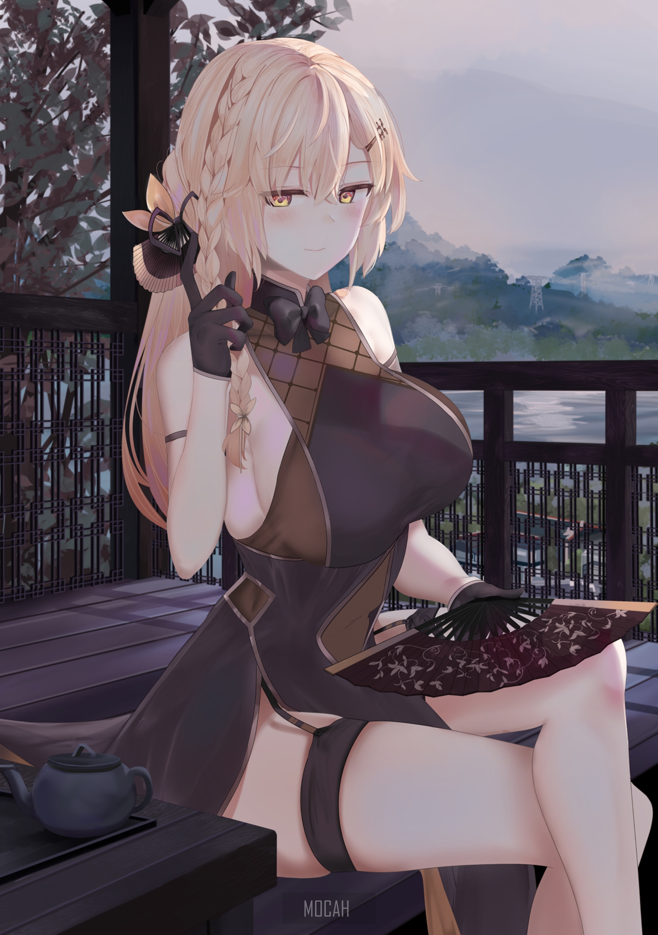 Anime girl in a traditional dress holding a fan HD Phone Wallpaper