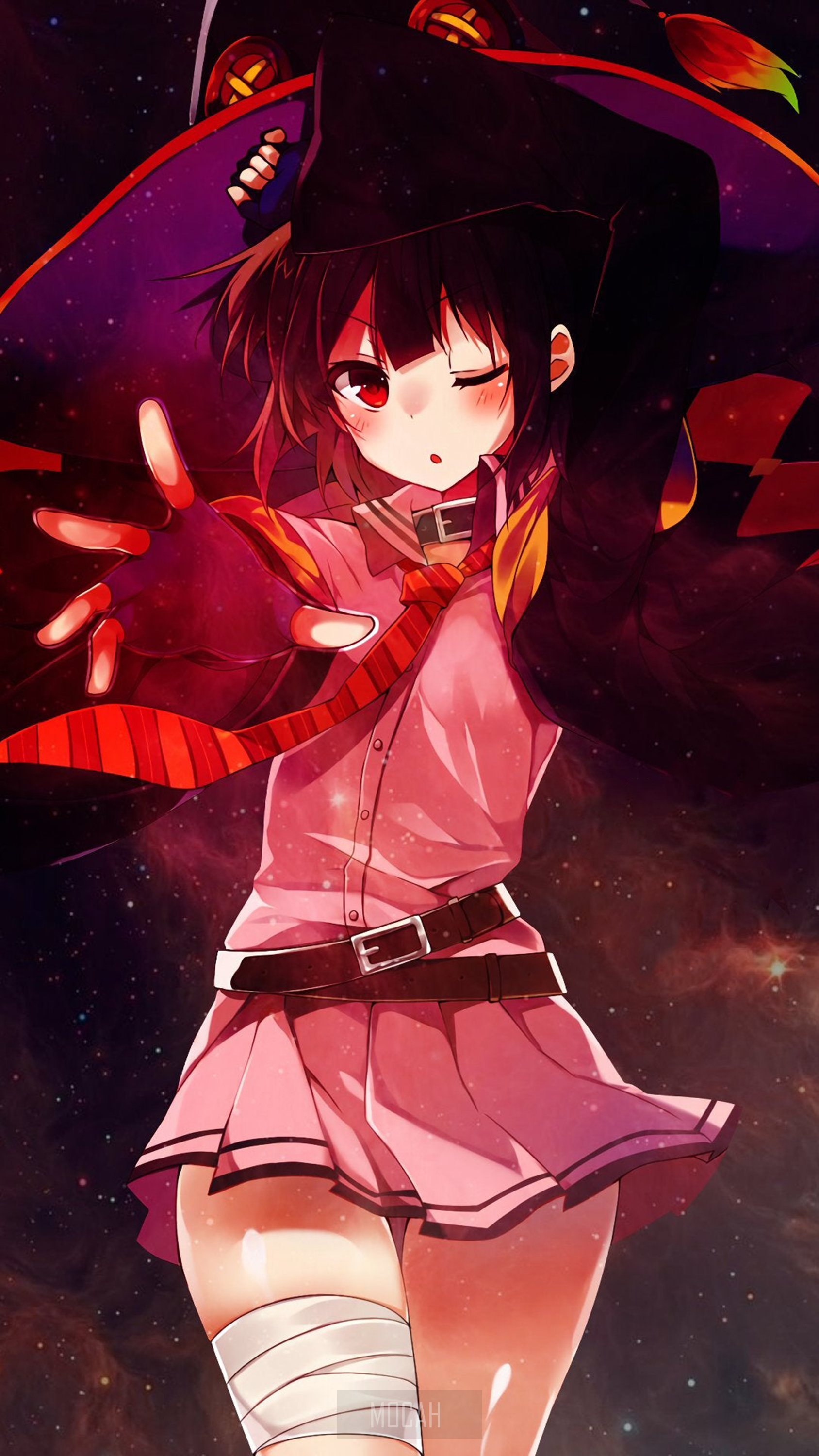 Megumin from KonoSuba in a pink outfit against a starry background HD Phone Wallpaper