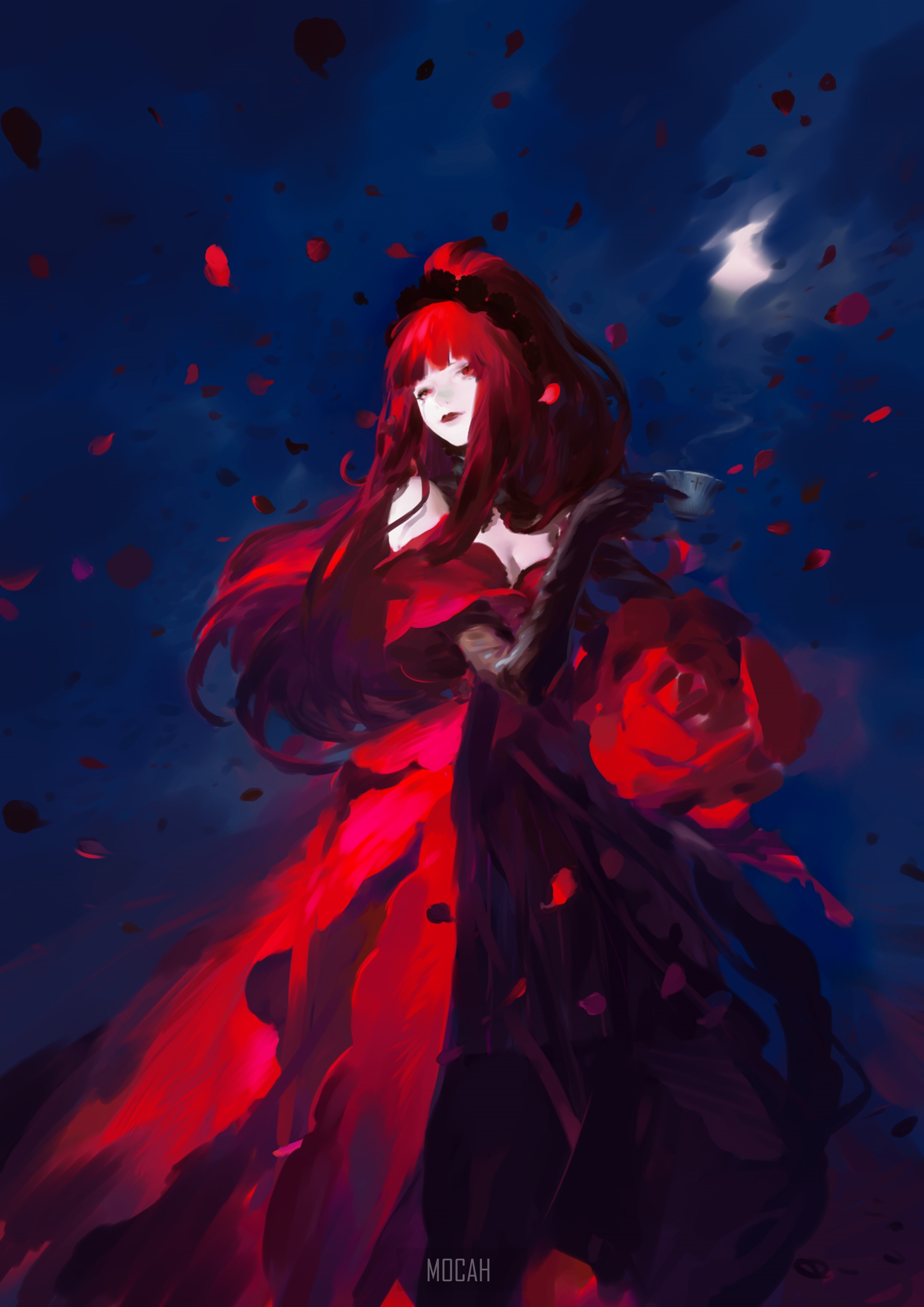 Anime girl in red dress with roses HD Phone Wallpaper