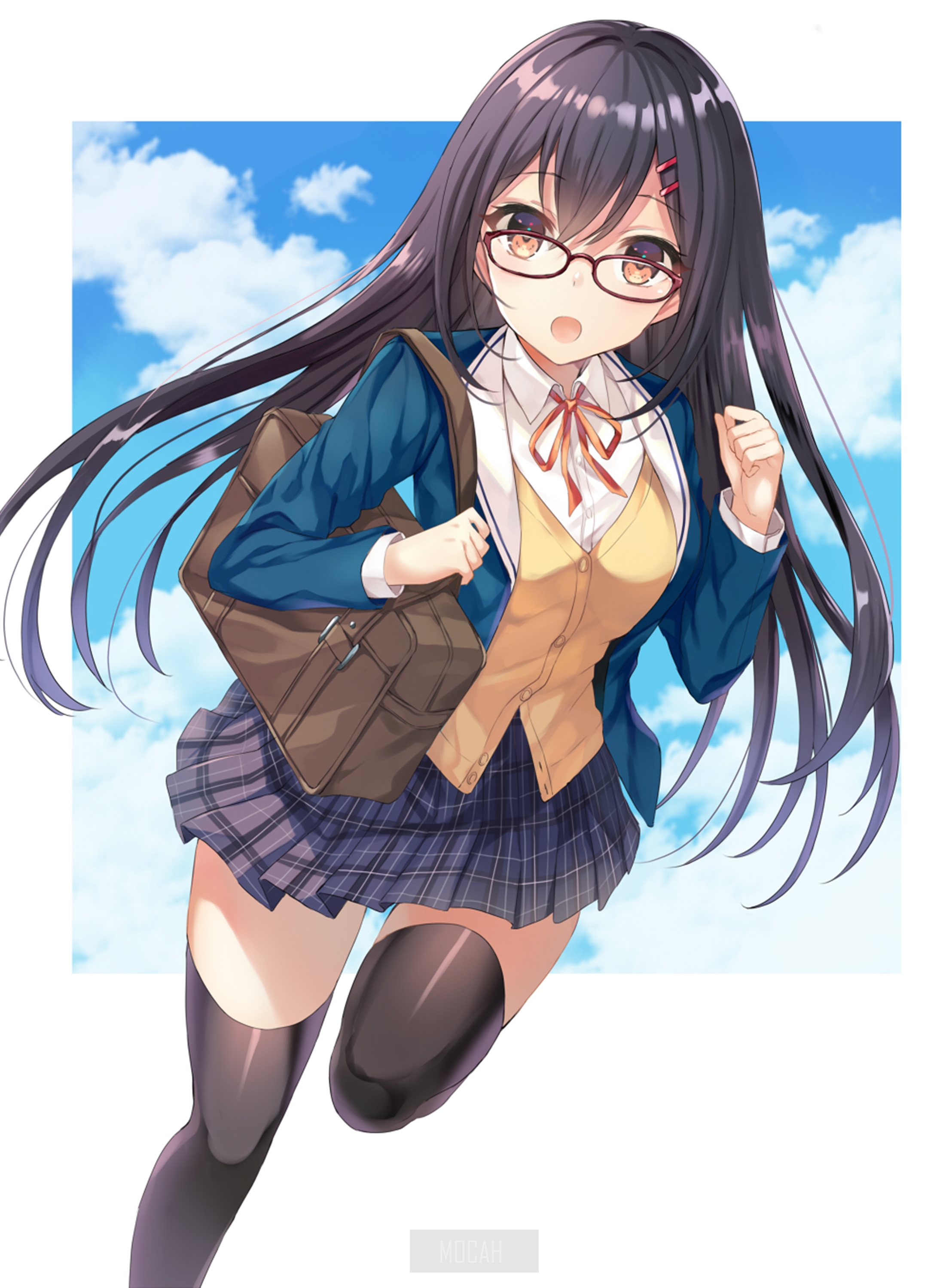 Anime girl with glasses and school uniform running HD Phone Wallpaper