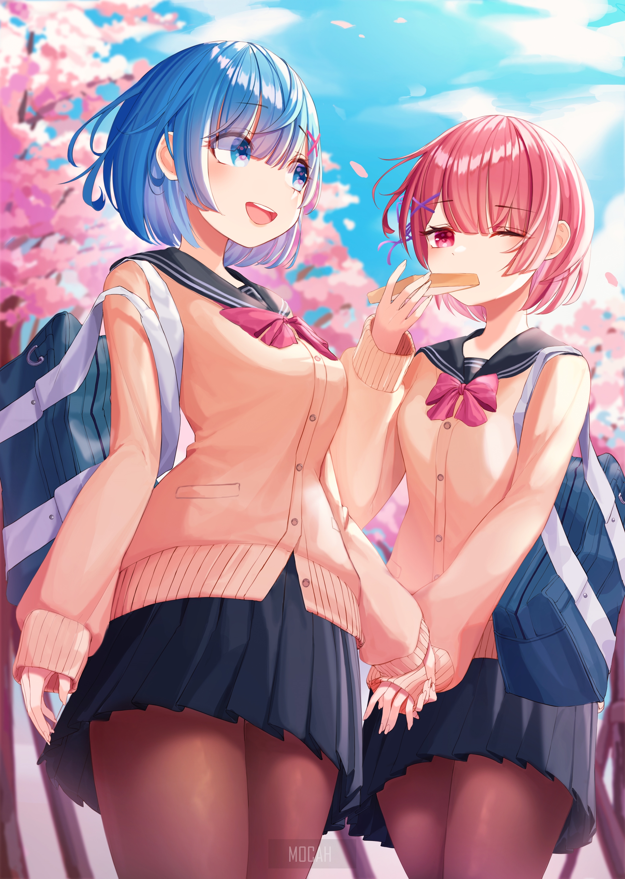 Two anime girls in school uniforms holding hands HD Phone Wallpaper