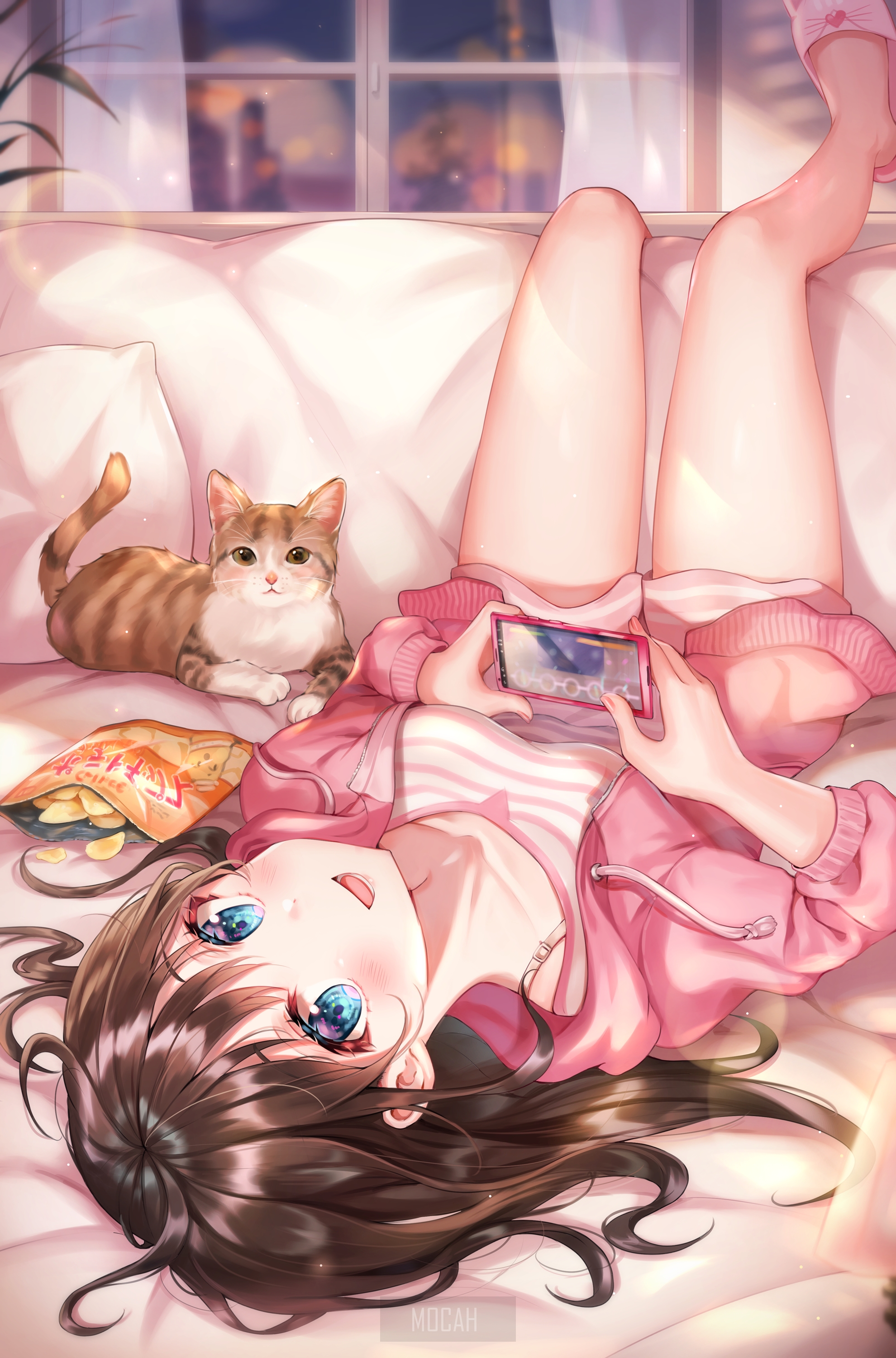 Anime girl with cat playing on phone by window HD Phone Wallpaper
