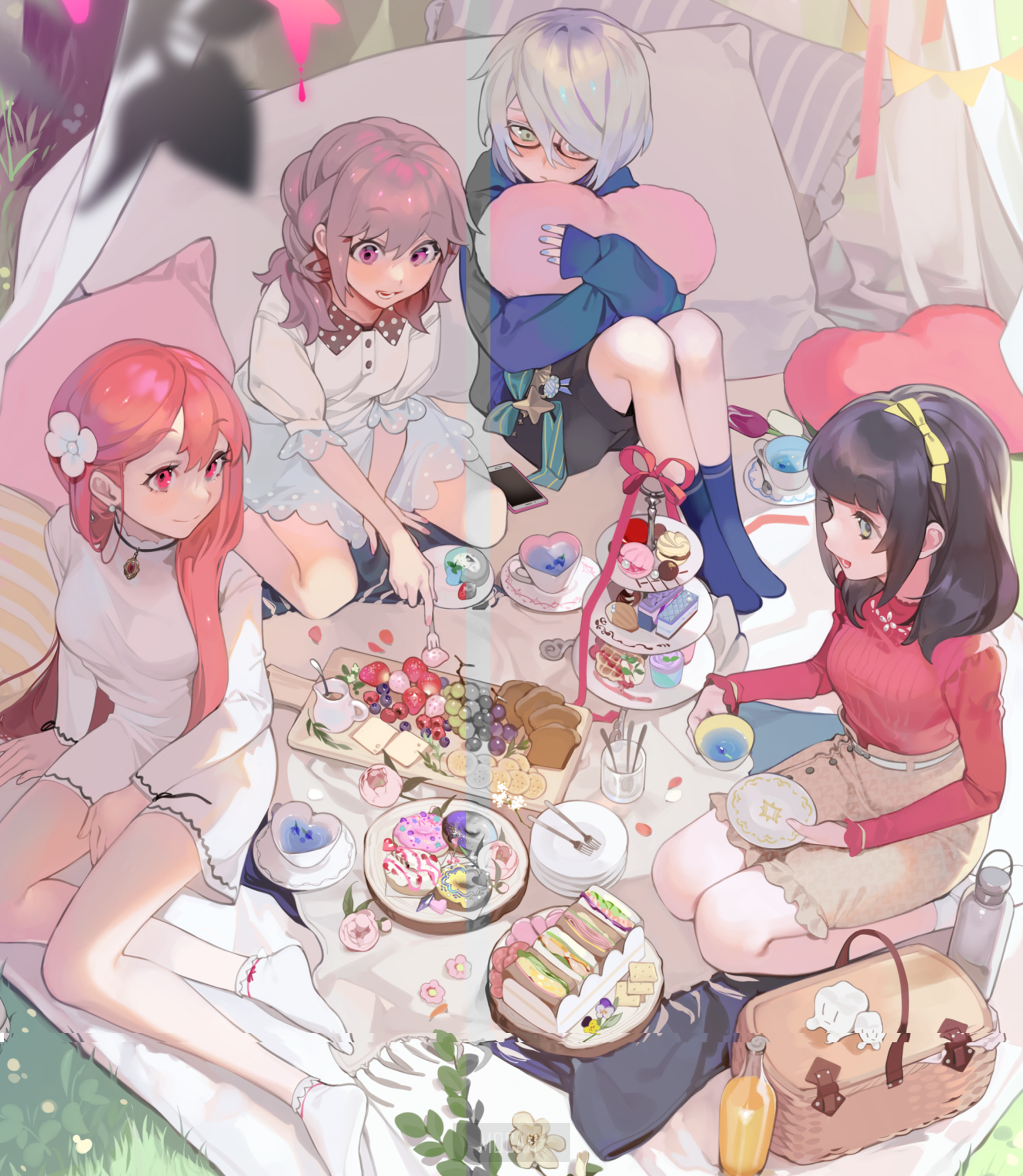 Anime characters having a picnic with sweets and fruits HD Phone Wallpaper