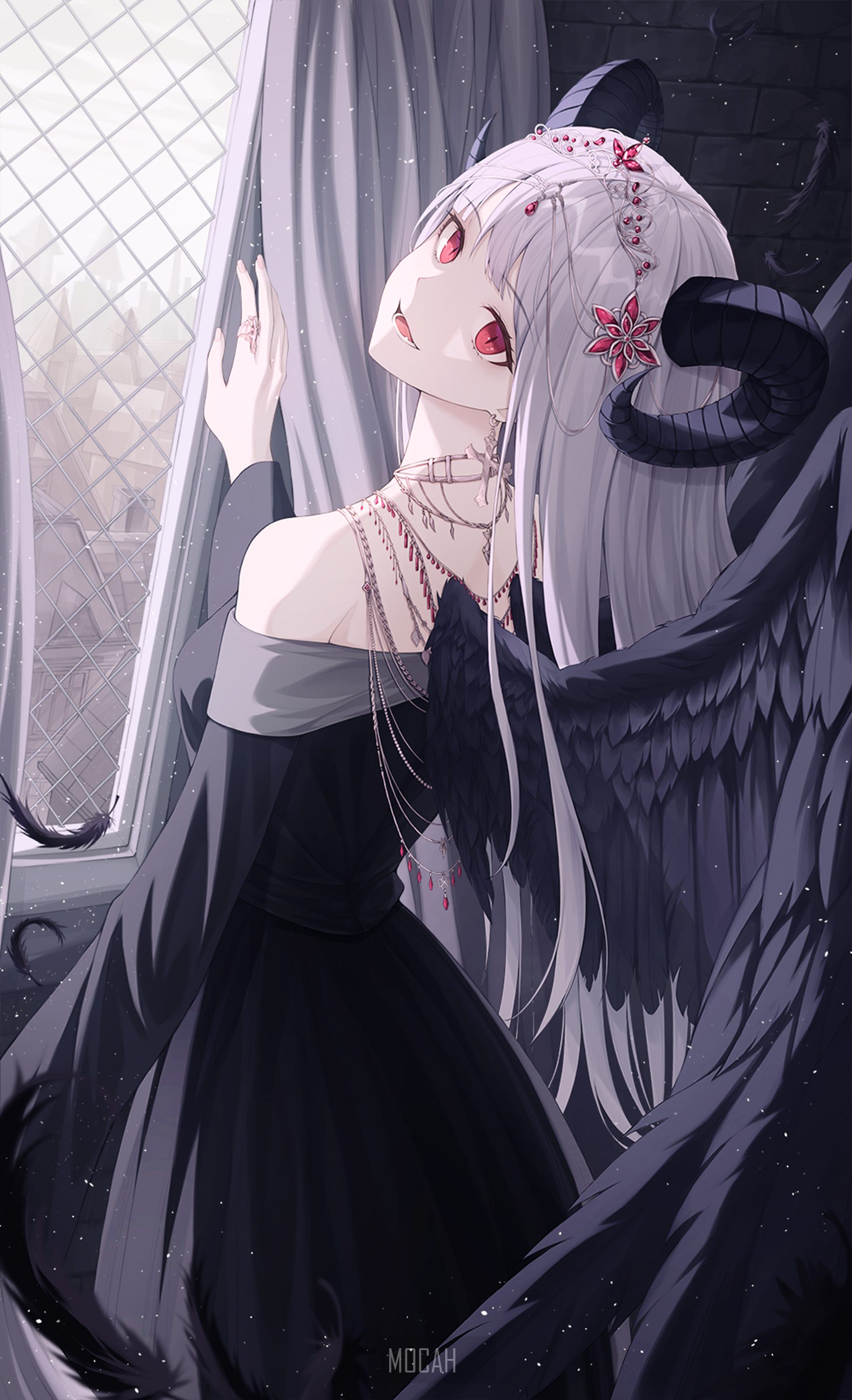 Anime girl with horns and wings by window HD Phone Wallpaper