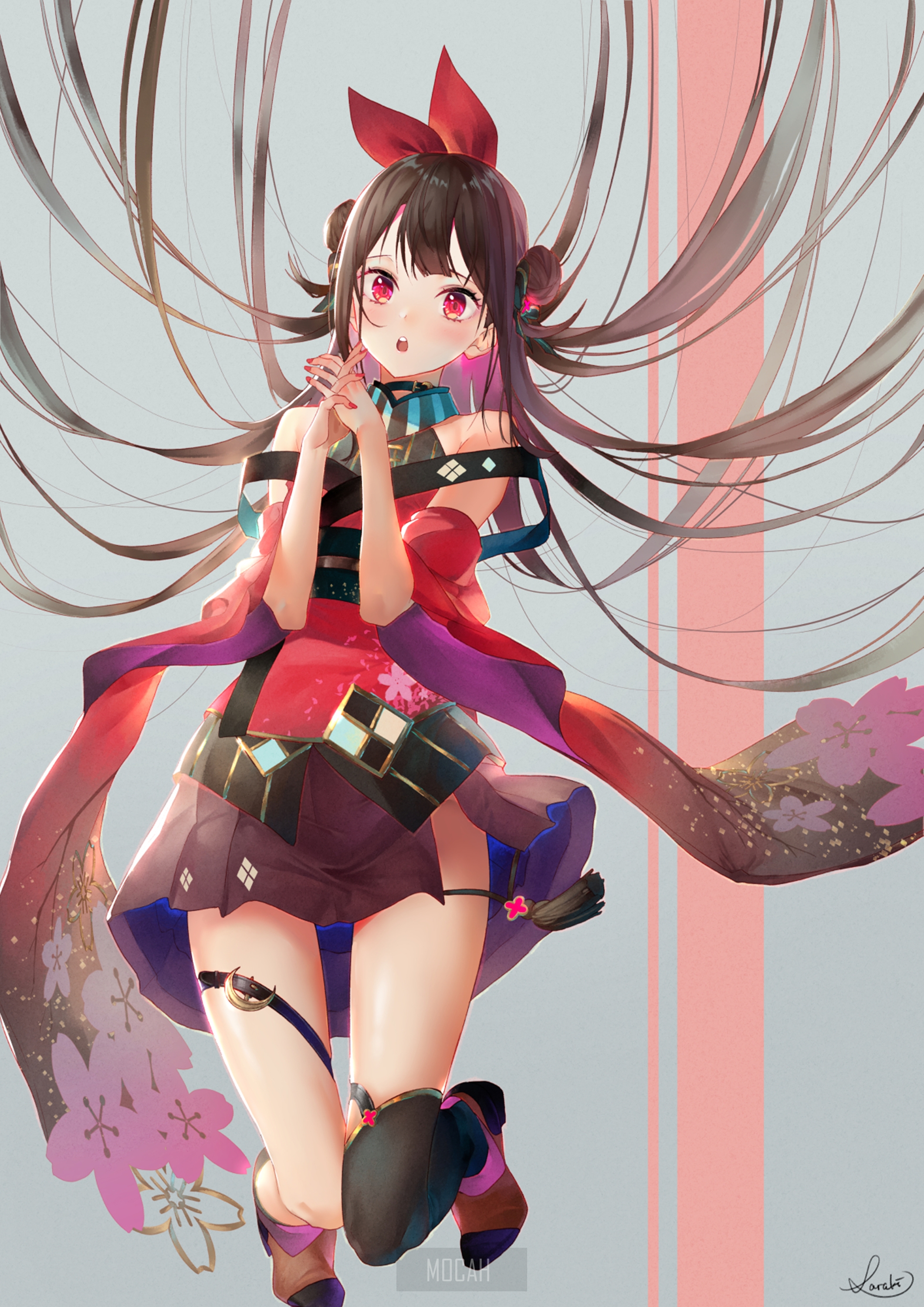 Anime girl with red bow and kimono HD Phone Wallpaper