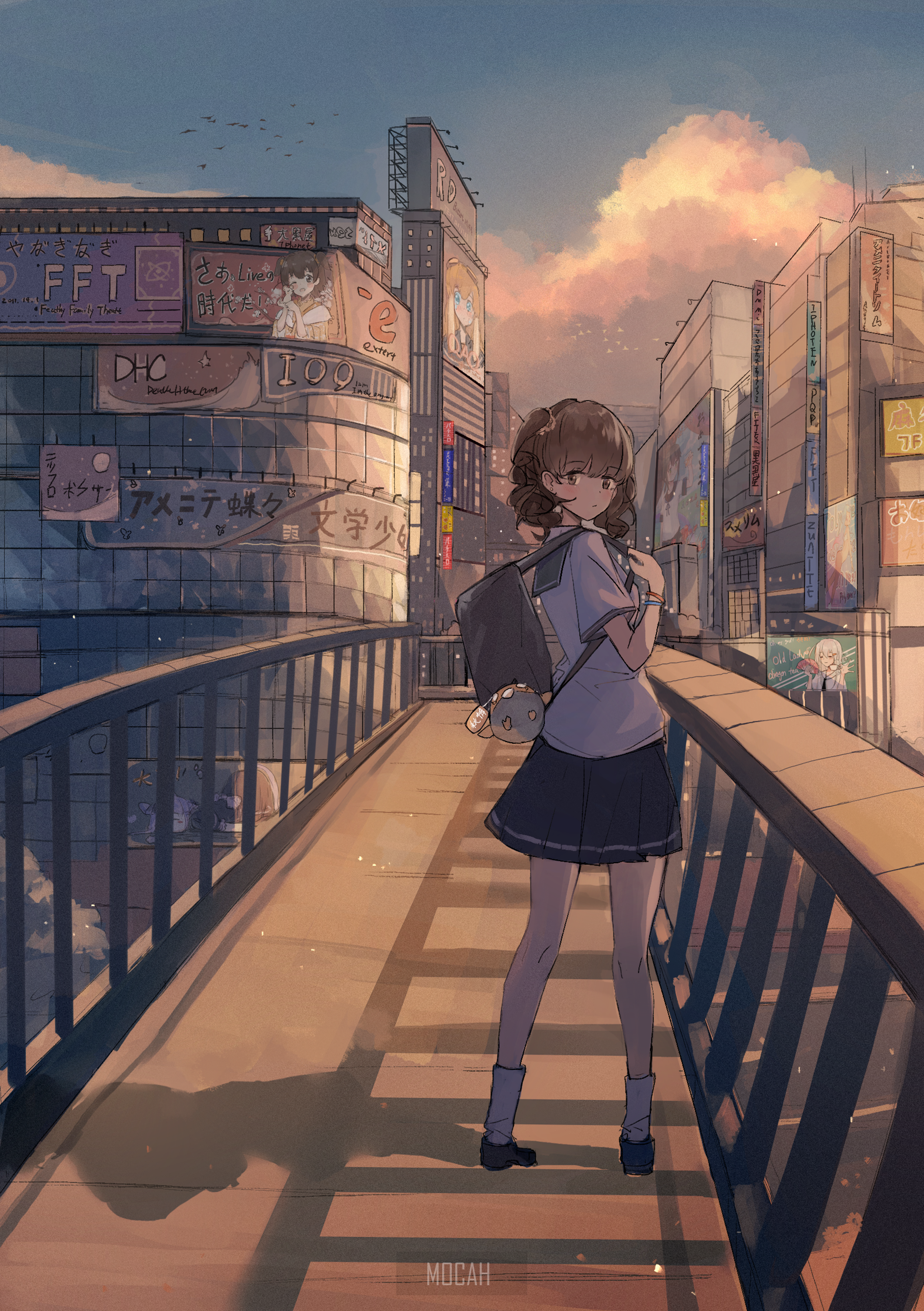 Anime girl in school uniform on a bridge in a city HD Phone Wallpaper