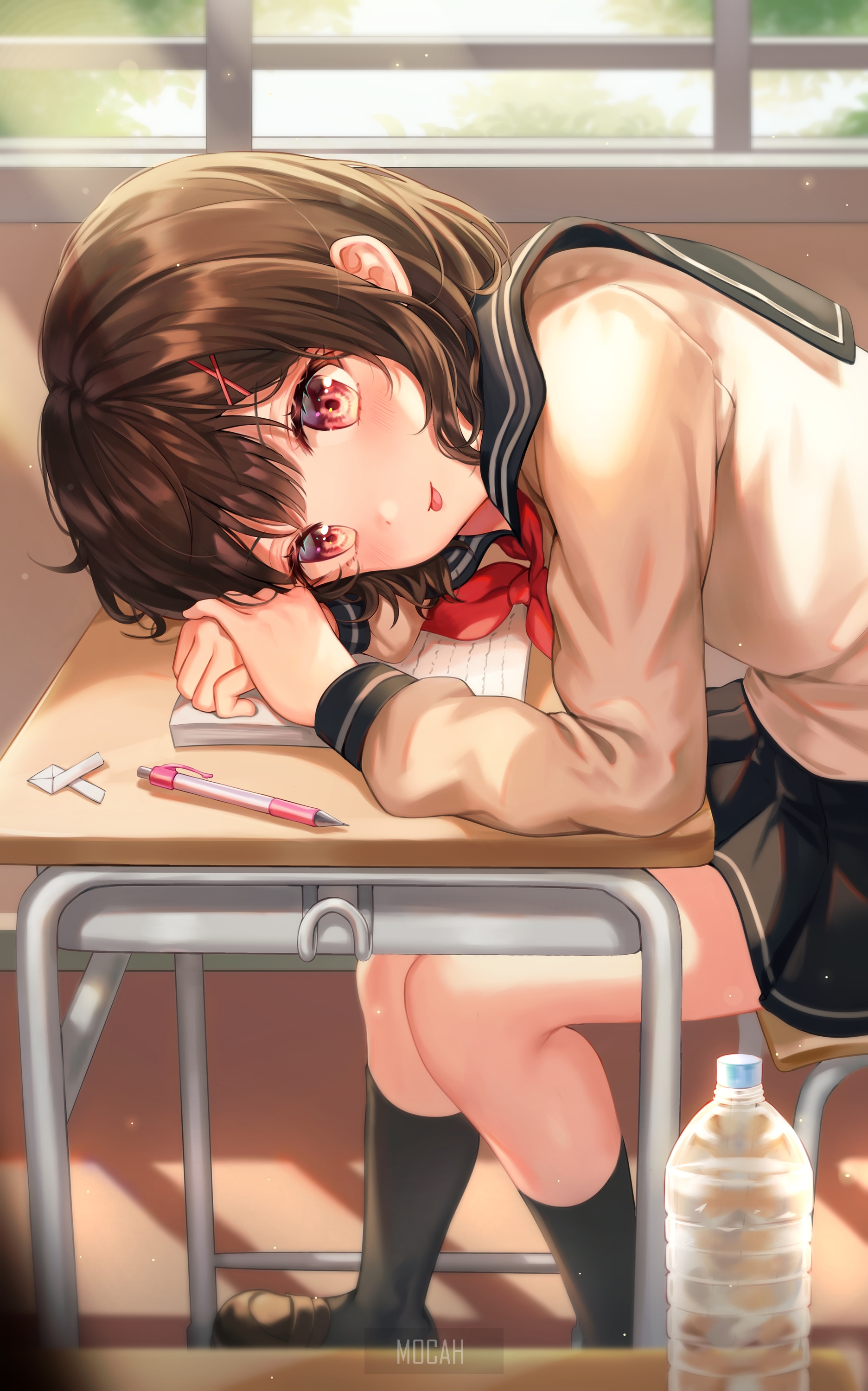 Anime girl in school uniform resting head on desk HD Phone Wallpaper