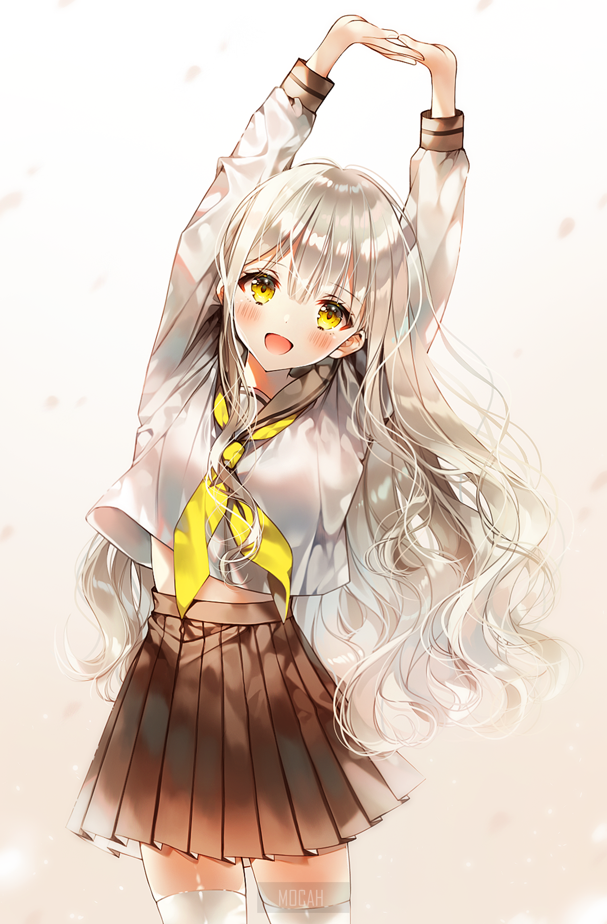 Anime girl with long white hair stretching HD Phone Wallpaper