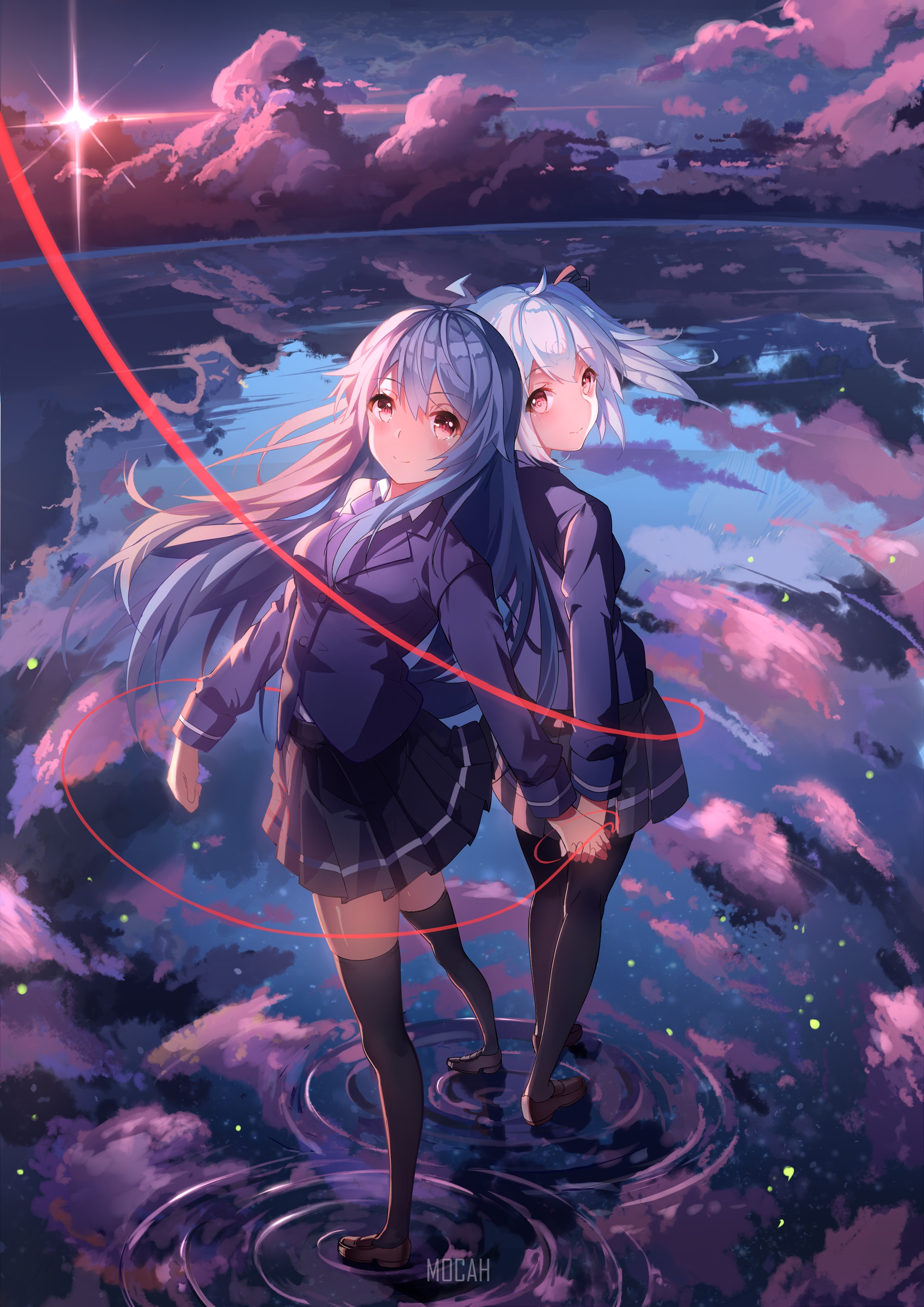 Two anime girls with blue and white hair holding hands HD Phone Wallpaper