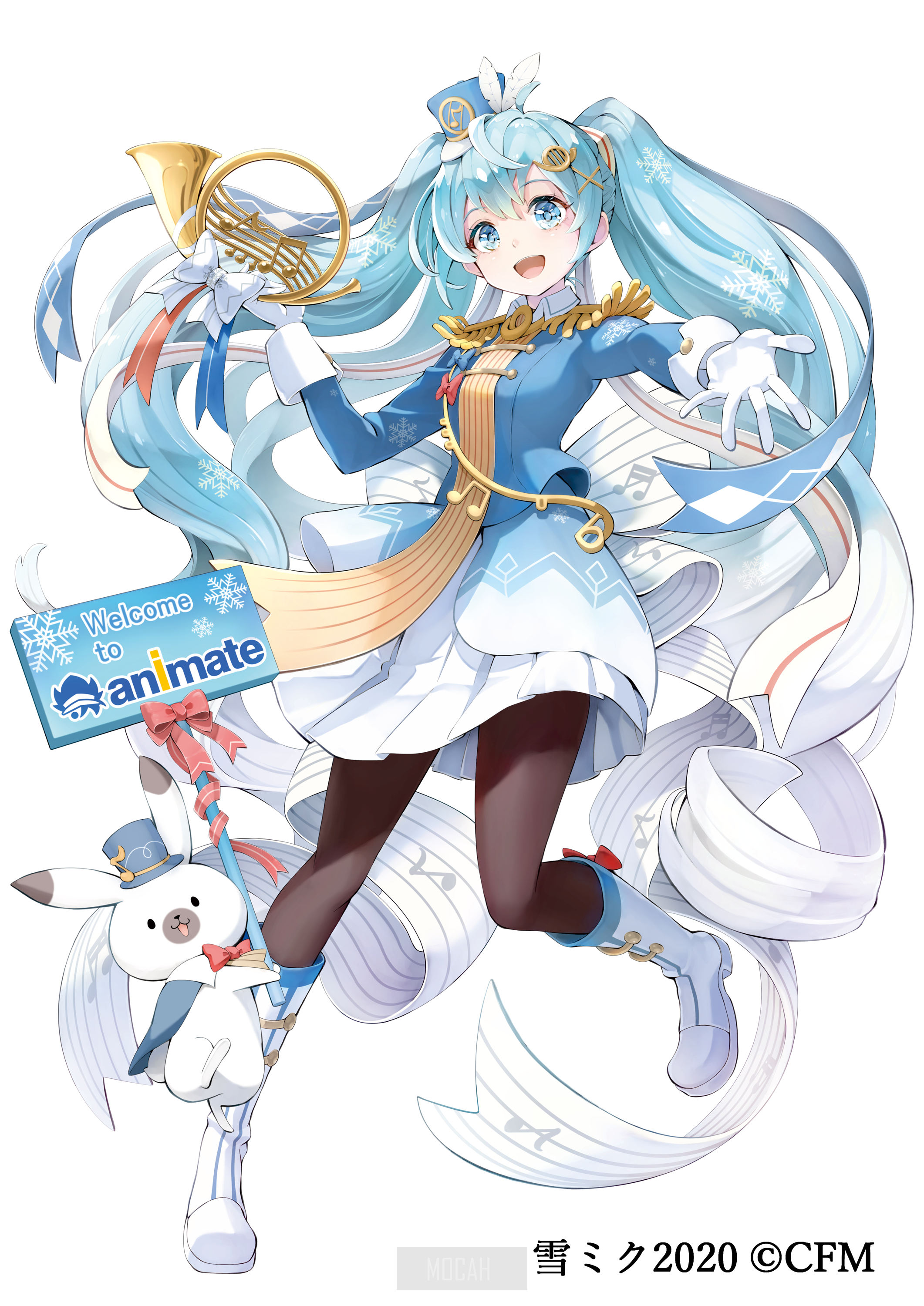 Snow Miku from Vocaloid with Animate sign and bunny HD Phone Wallpaper