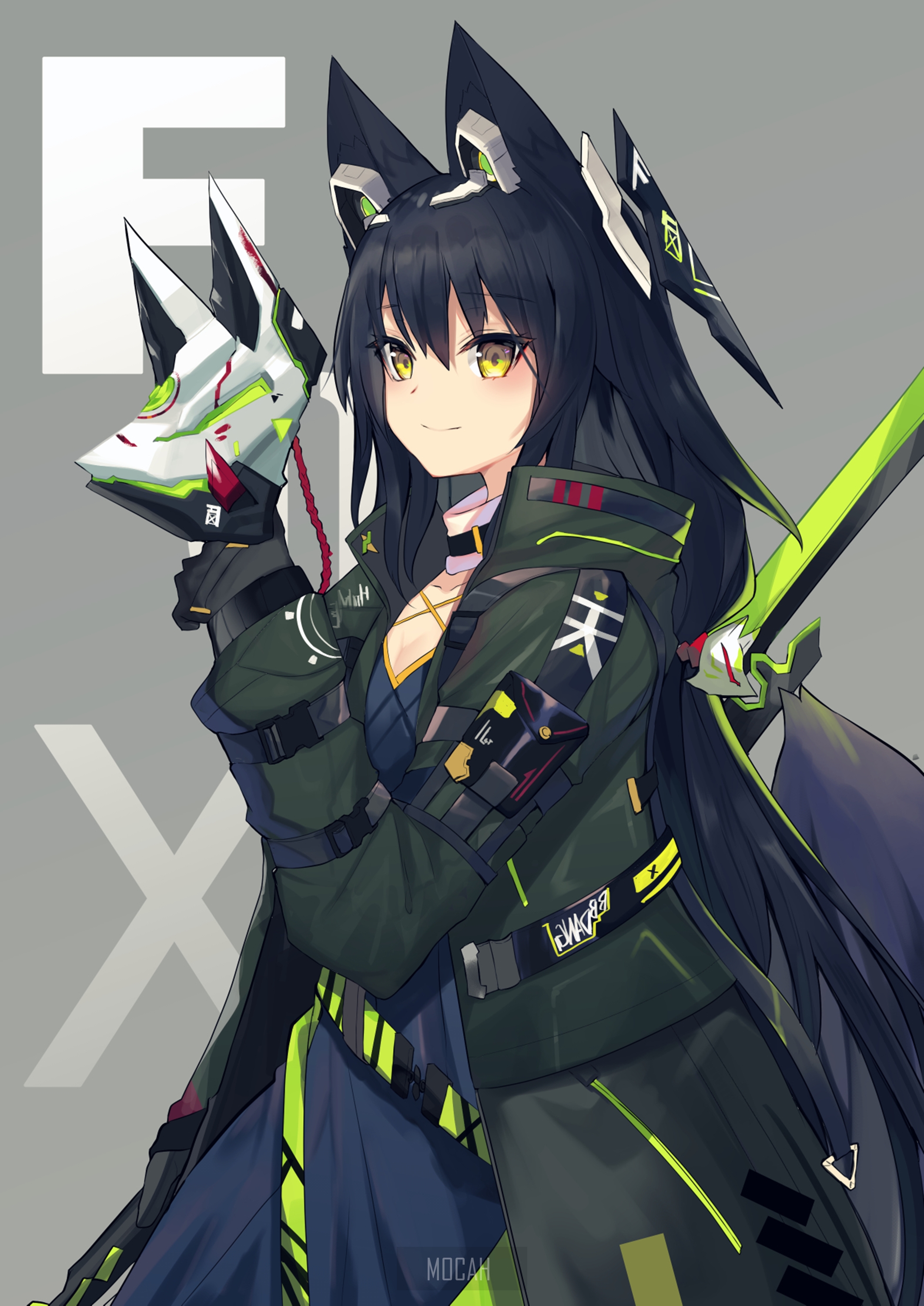 Anime girl with fox ears and mask HD Phone Wallpaper