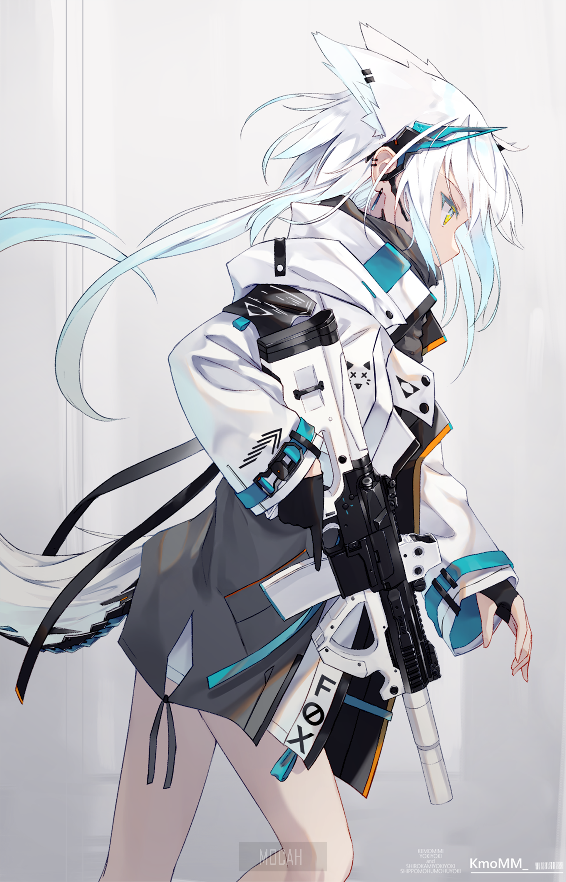 Anime girl with white hair and fox ears holding a rifle HD Phone Wallpaper
