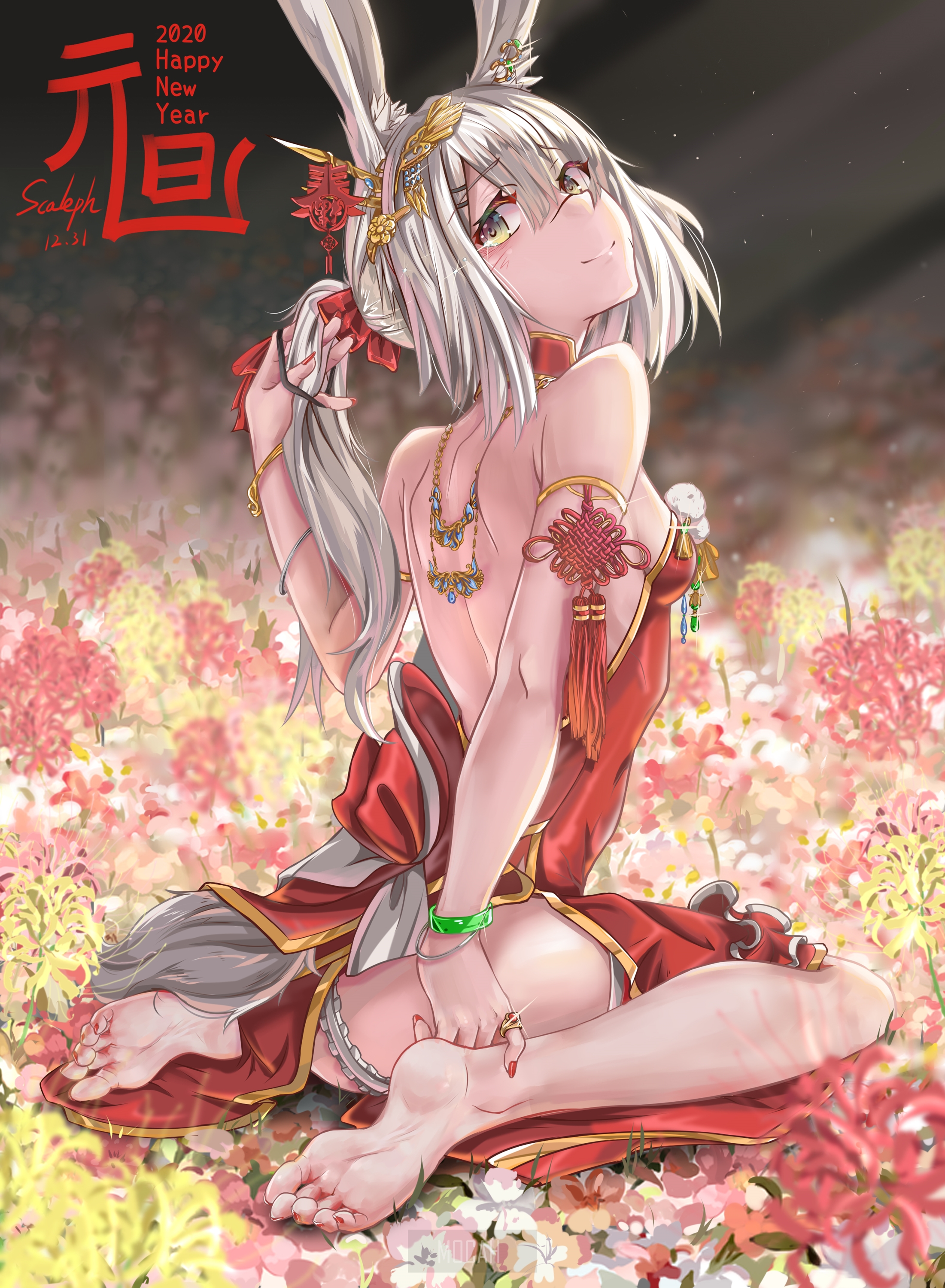 Anime Girl with Bunny Ears in Floral Field HD Phone Wallpaper