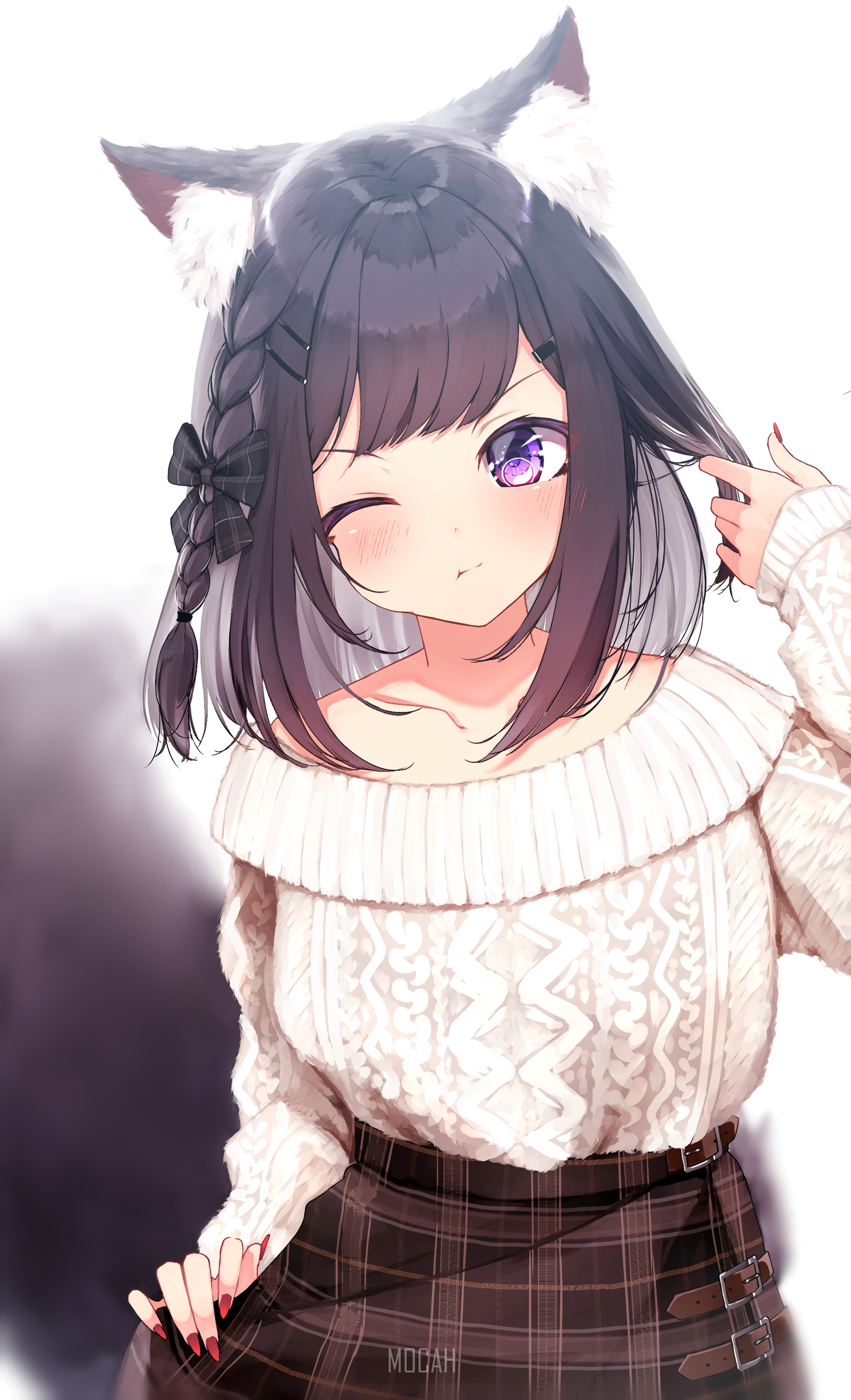 Anime girl with wolf ears and purple eyes HD Phone Wallpaper