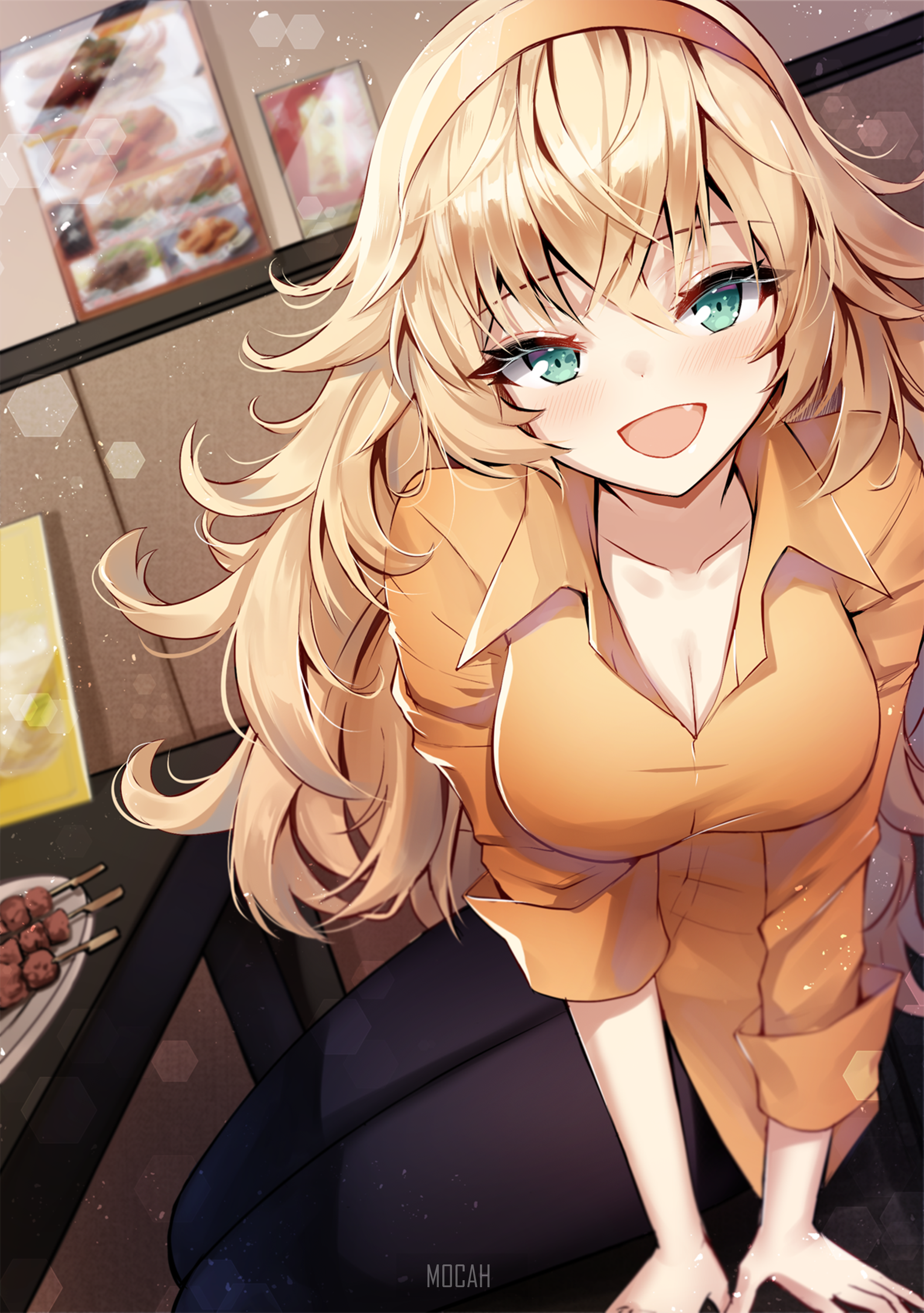 Anime girl with blonde hair smiling HD Phone Wallpaper