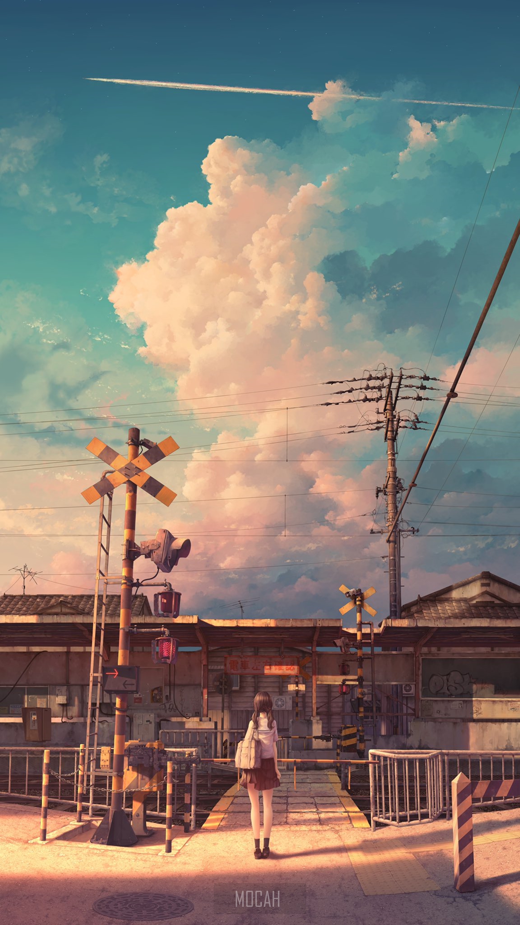 Anime girl at train station with crossing signals HD Phone Wallpaper
