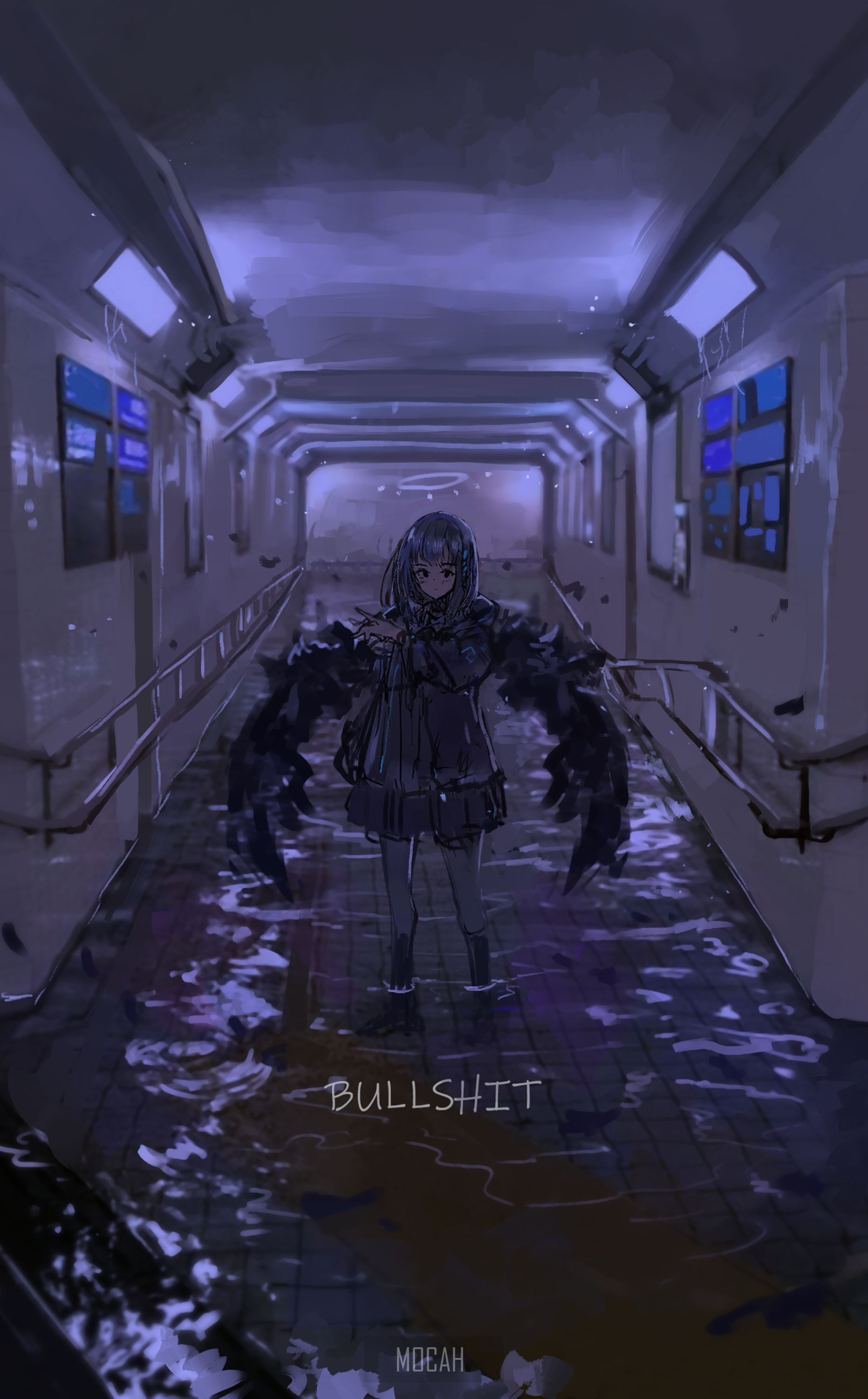 Anime girl with black wings in a flooded hallway HD Phone Wallpaper