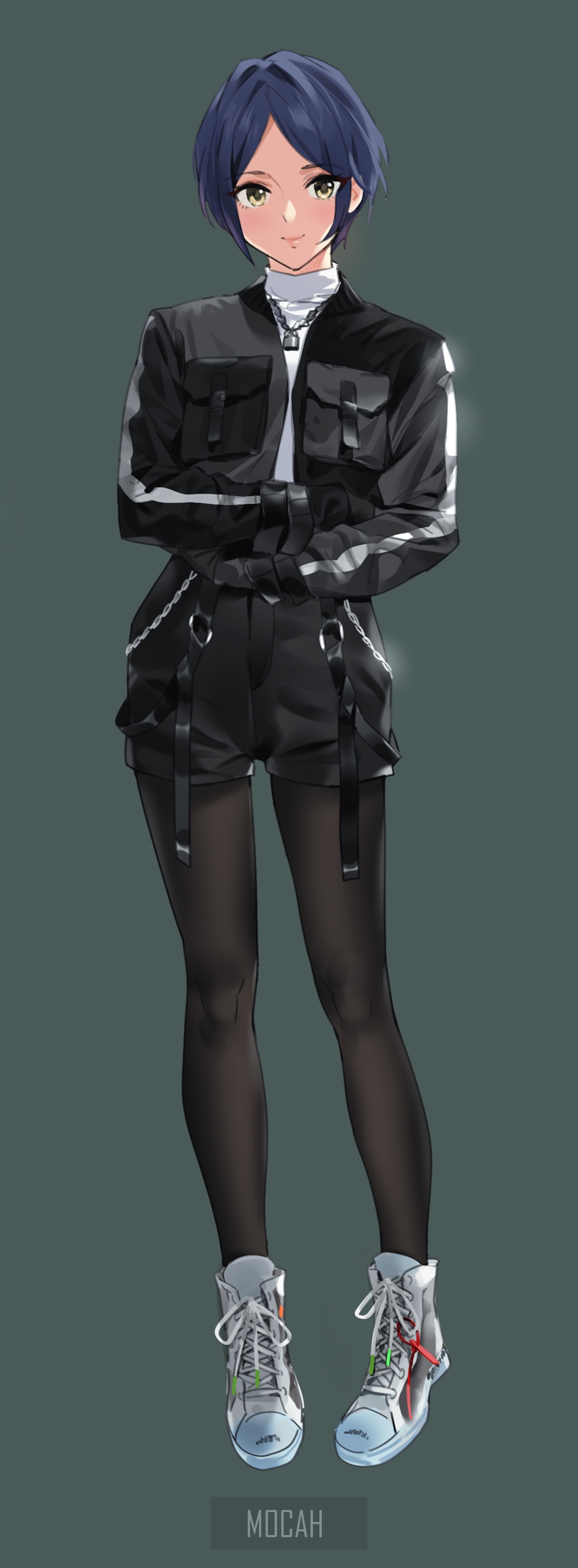 Anime girl in black jacket and shorts HD Phone Wallpaper