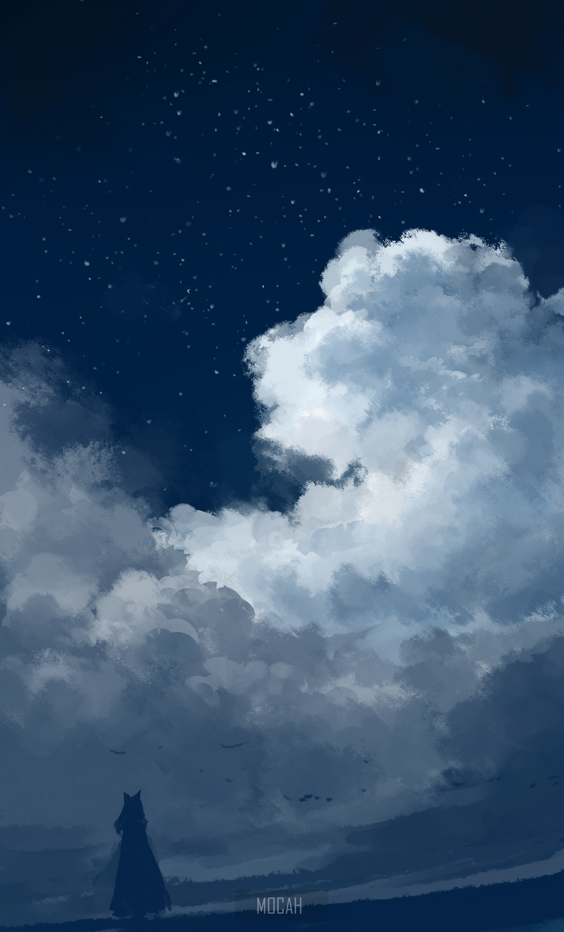 Anime girl under starry night sky with clouds HD Phone Wallpaper