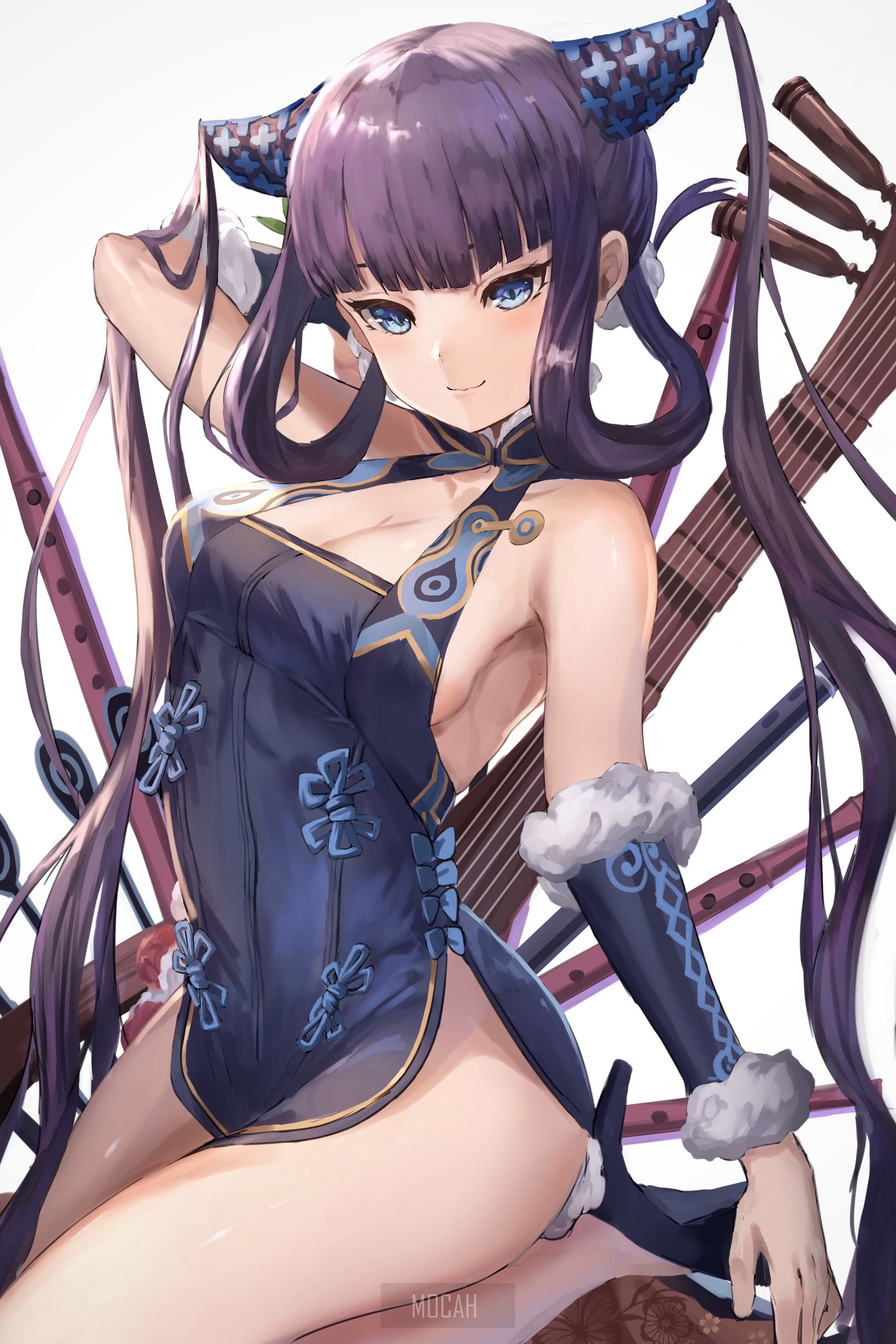 Anime girl with purple hair in a blue dress HD Phone Wallpaper