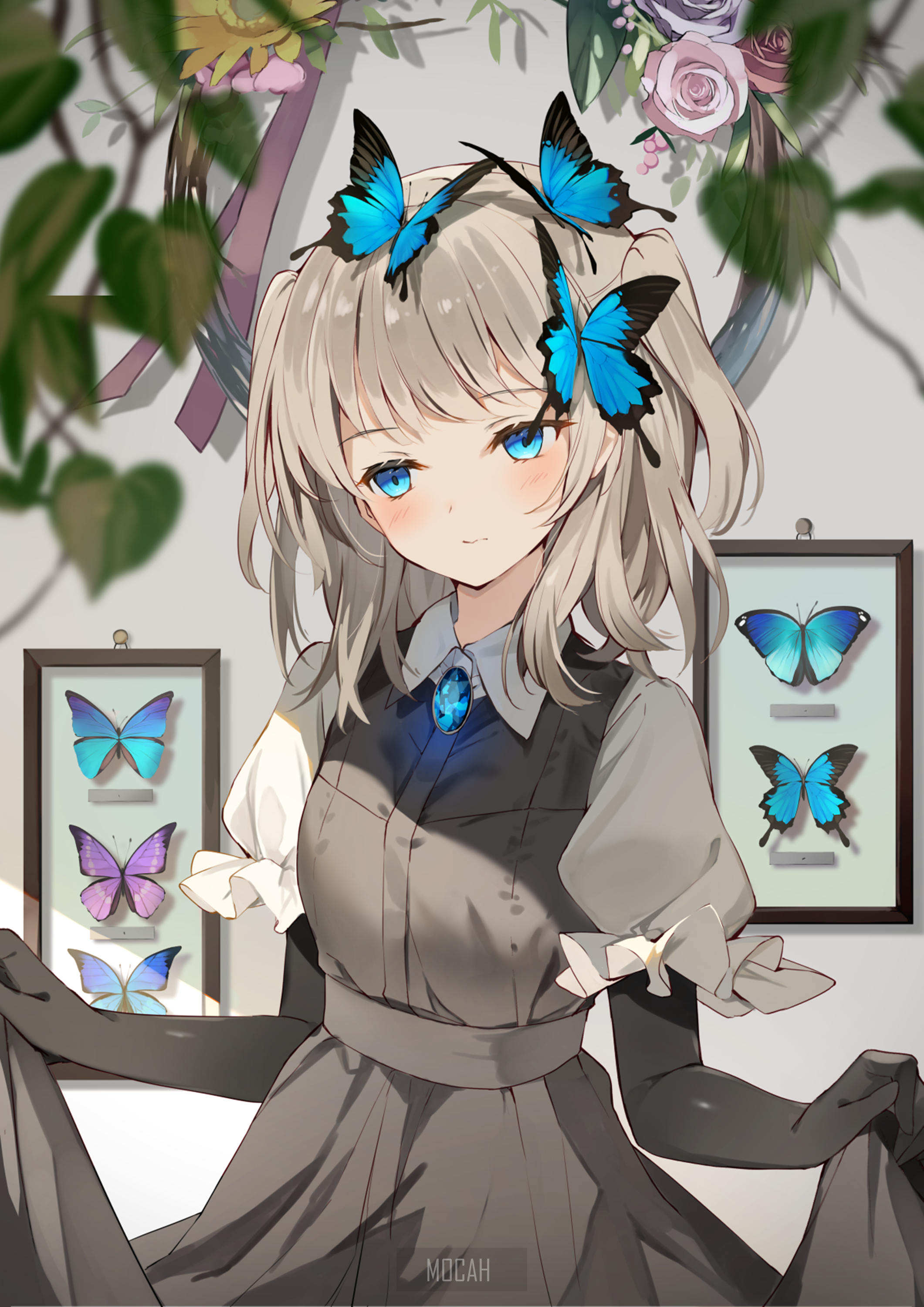 Anime girl with blue eyes and butterflies HD Phone Wallpaper