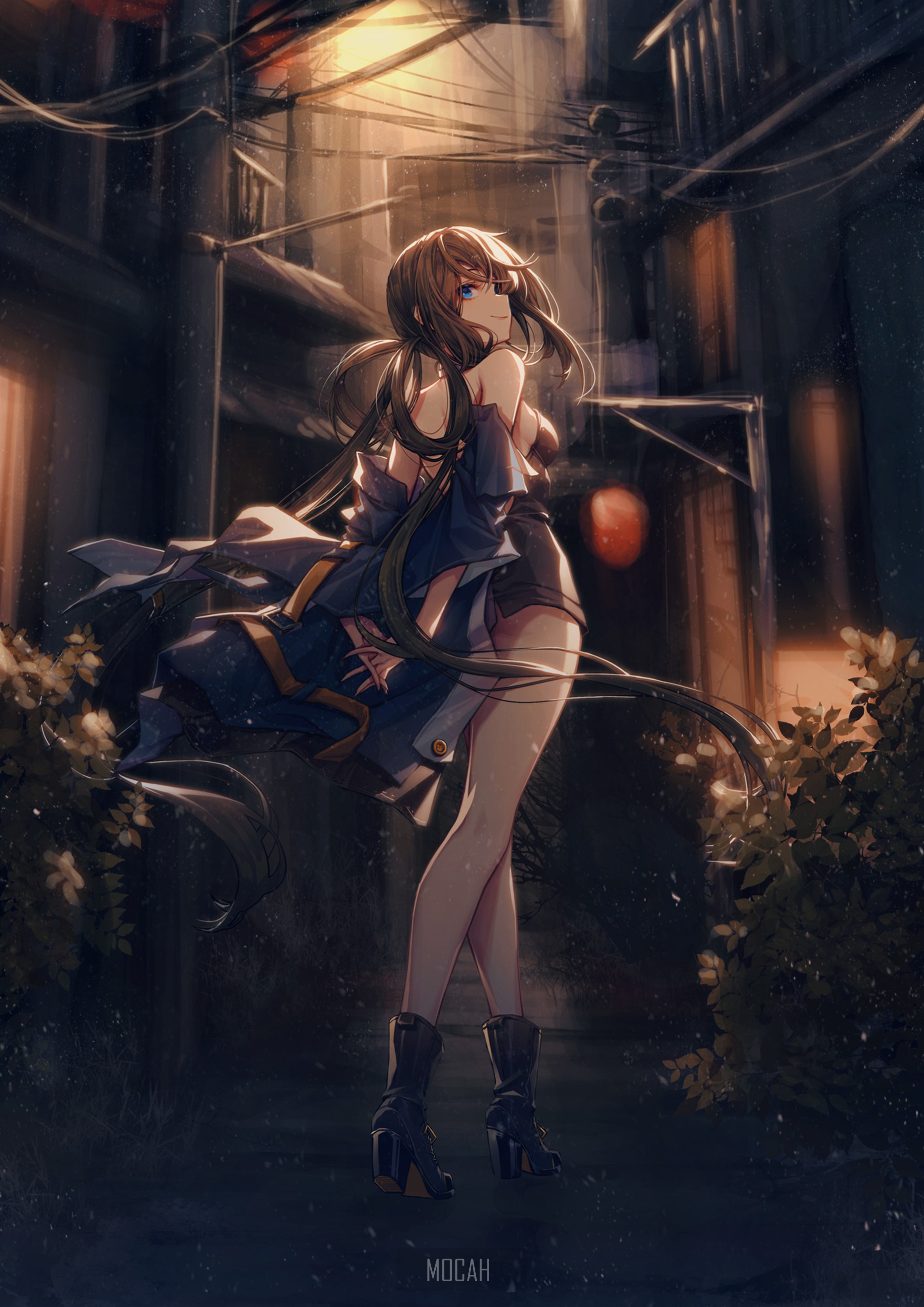 Anime girl in dark urban alley at night HD Phone Wallpaper