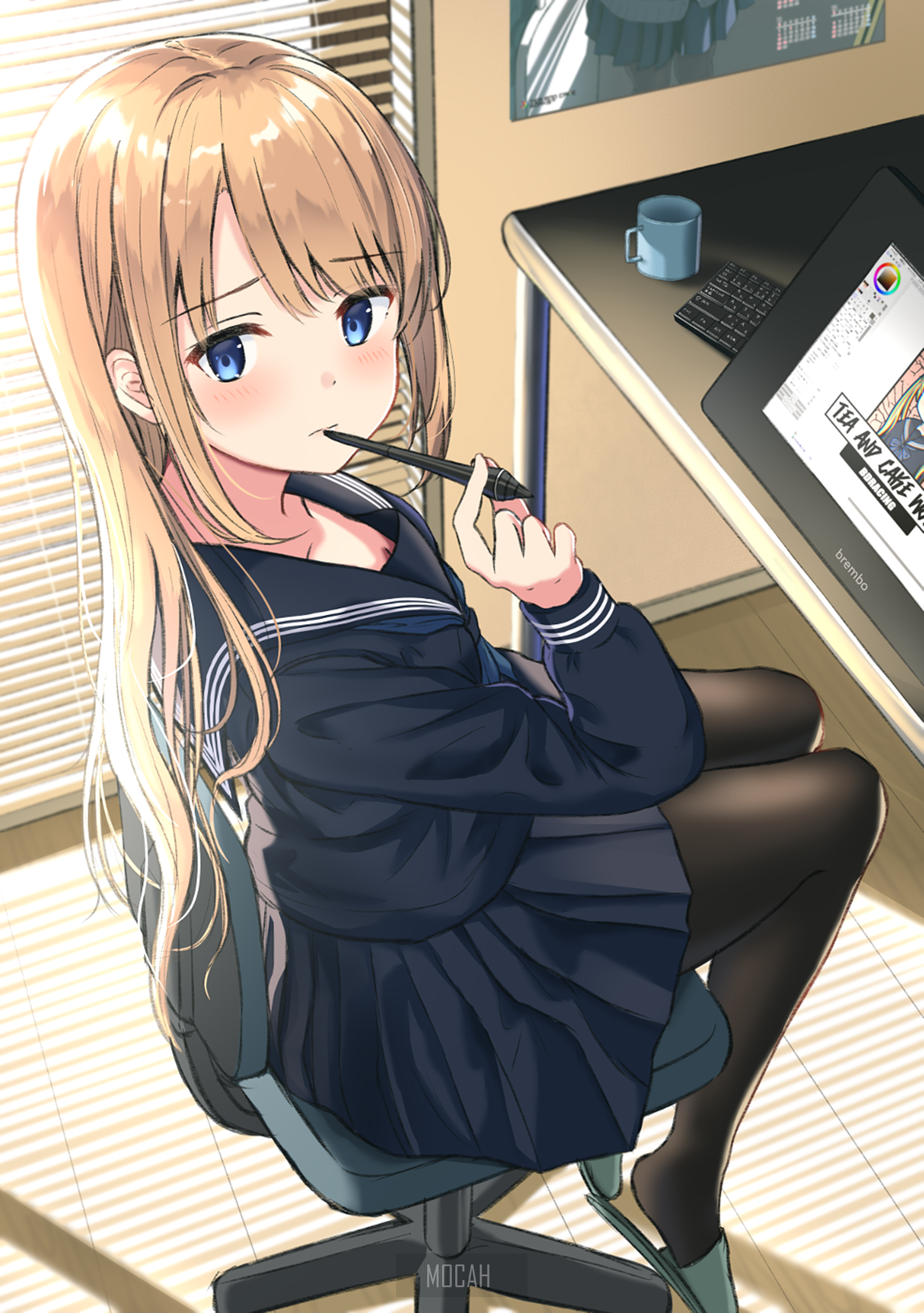 Anime girl in school uniform at desk with drawing tablet HD Phone Wallpaper