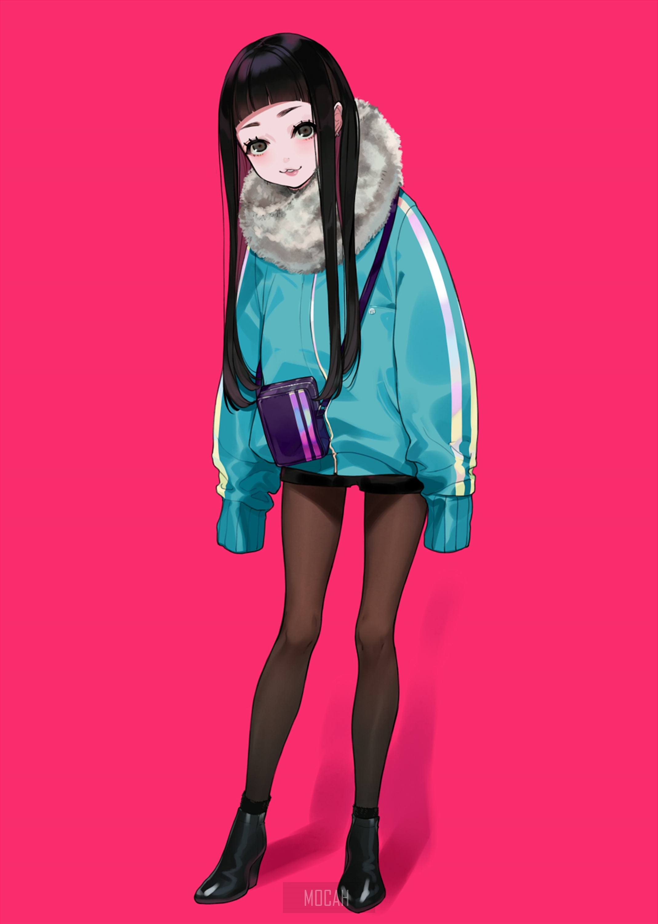 Anime girl with black hair and blue jacket HD Phone Wallpaper