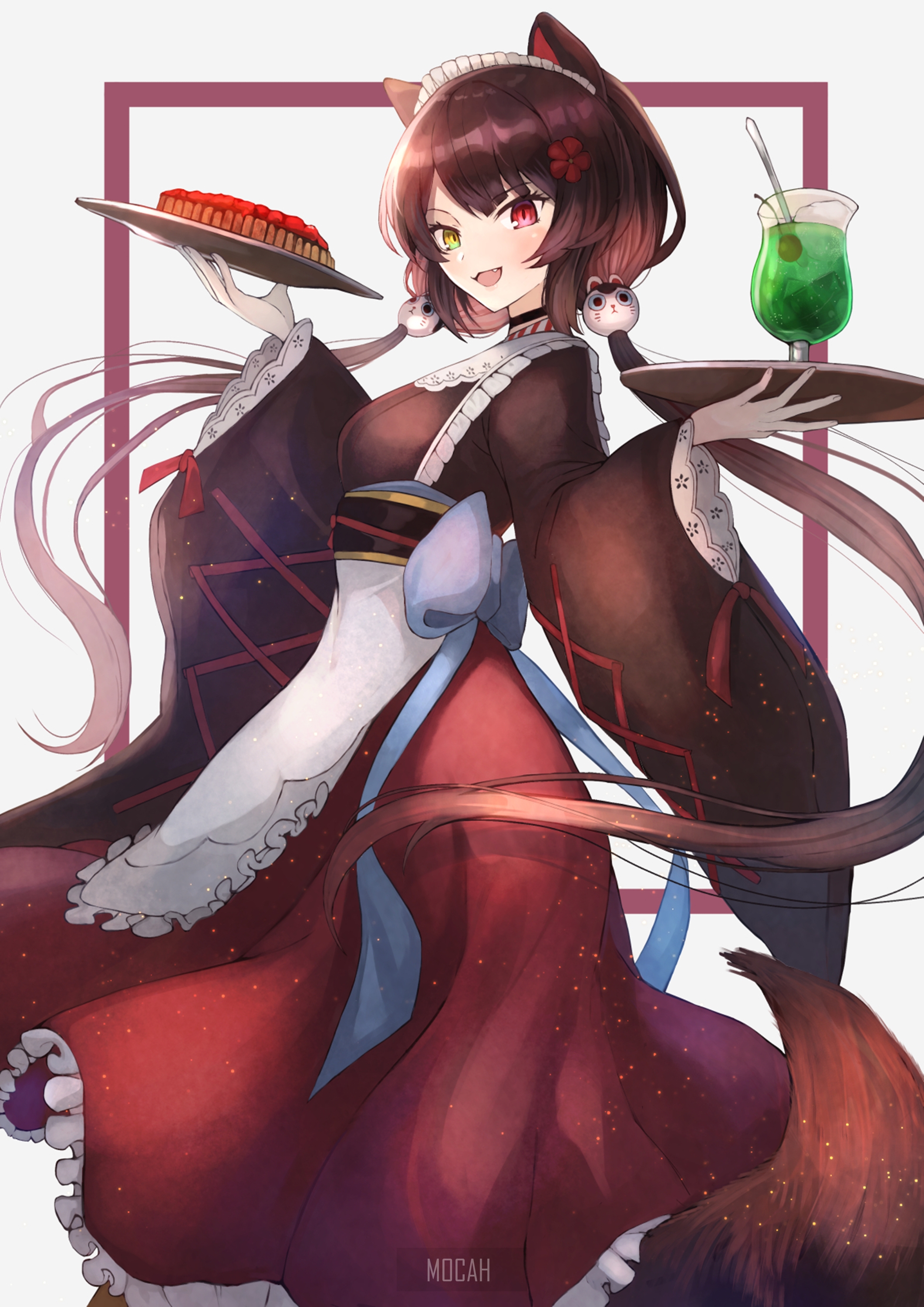 Anime girl in maid outfit holding cake and drink HD Phone Wallpaper