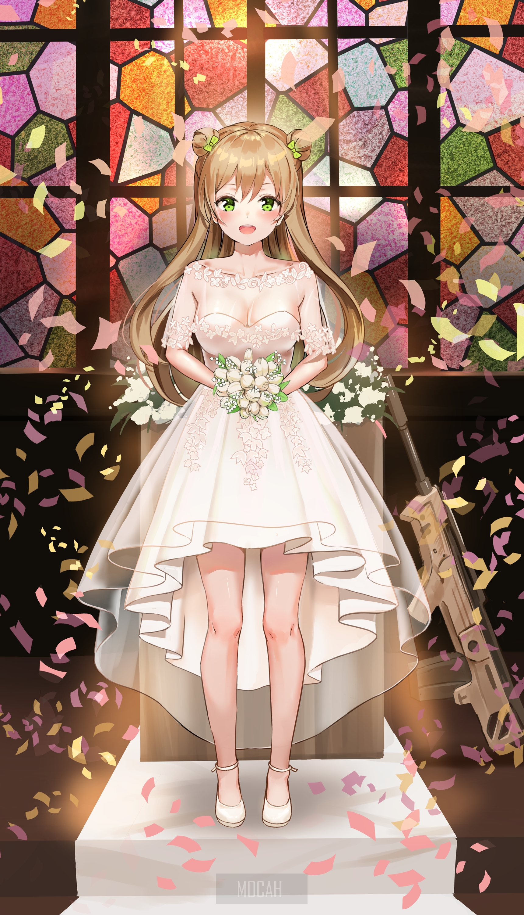 Anime girl in wedding dress holding flowers HD Phone Wallpaper