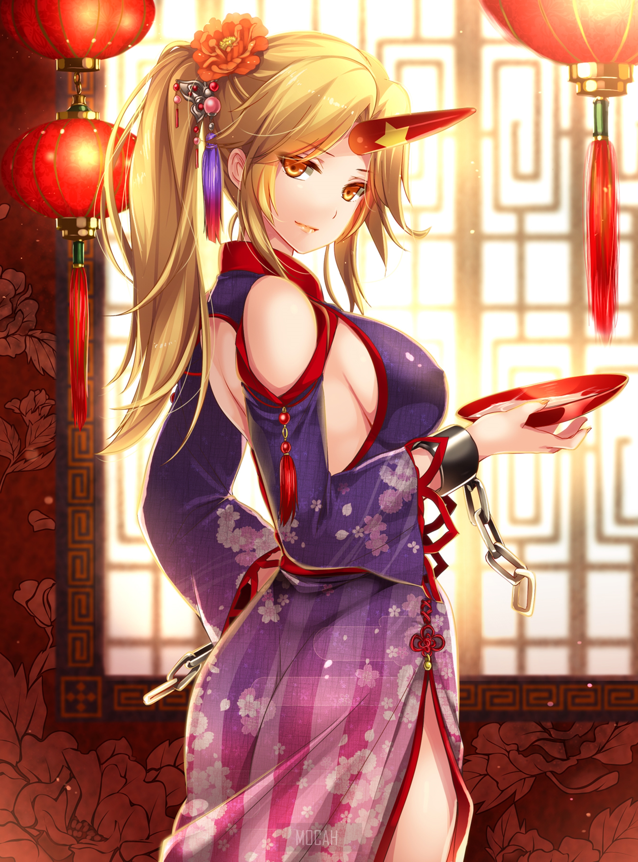 Anime girl with blonde hair and horns in a kimono HD Phone Wallpaper
