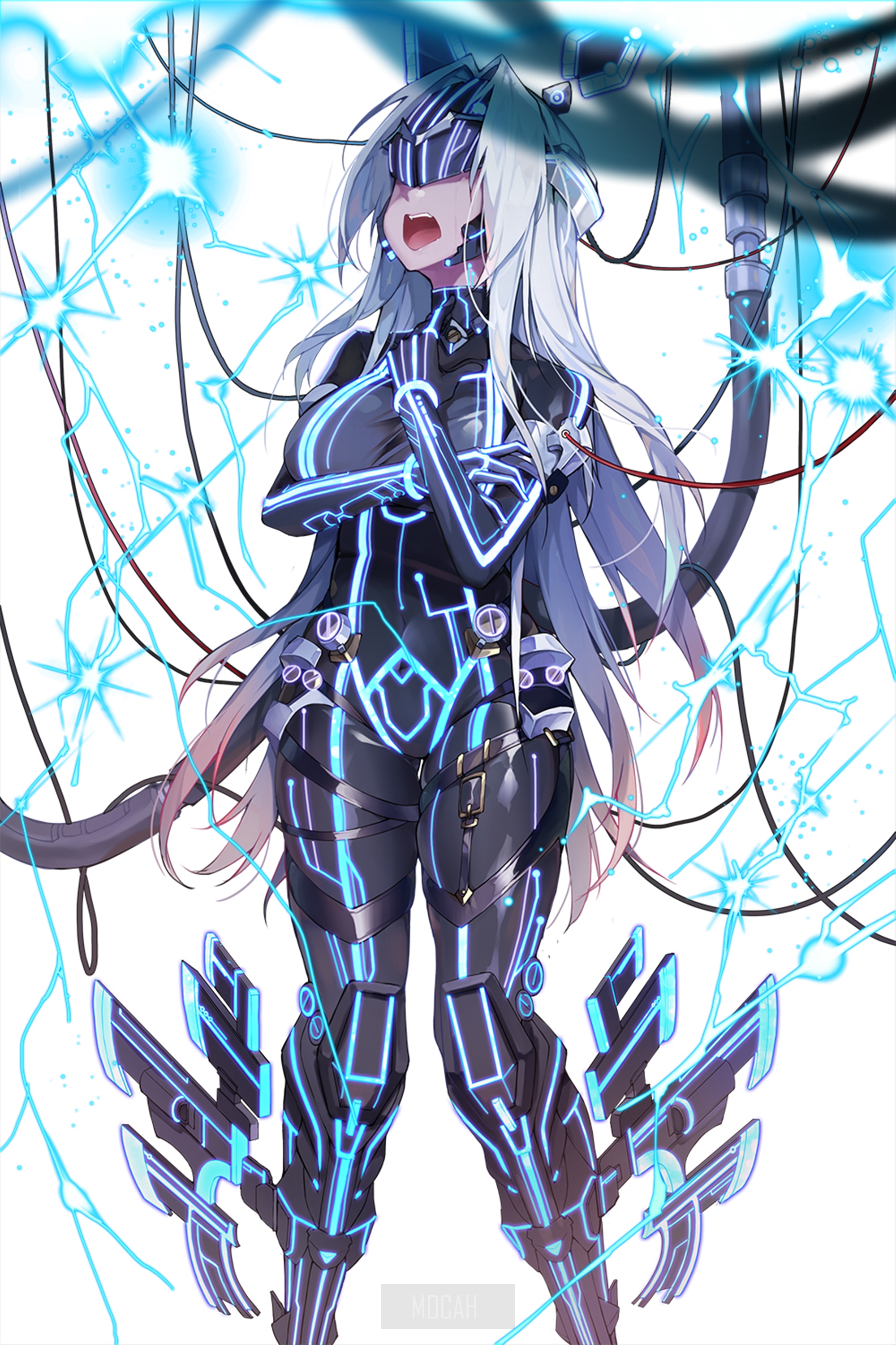 Anime girl with cybernetic suit and glowing lines HD Phone Wallpaper