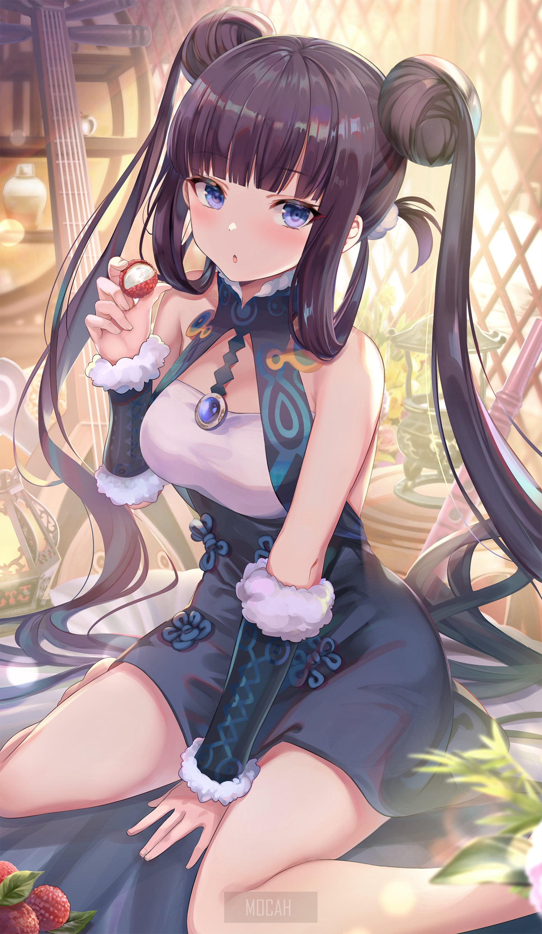 Anime girl with dark hair and blue eyes holding a fruit HD Phone Wallpaper