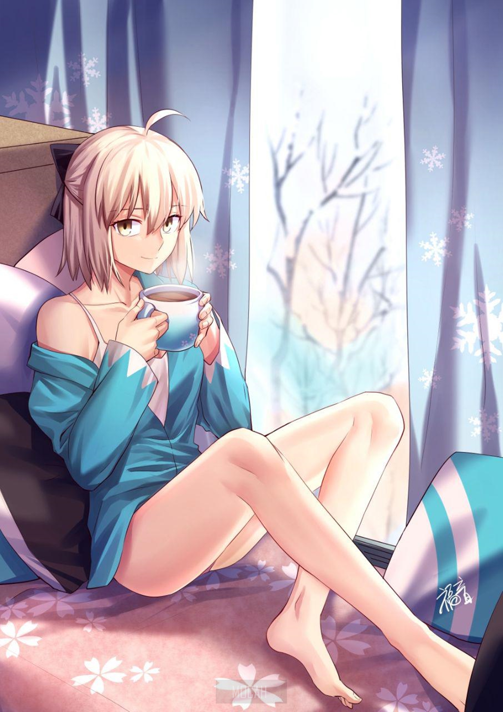 Artoria Pendragon from Fate Series holding a mug HD Phone Wallpaper