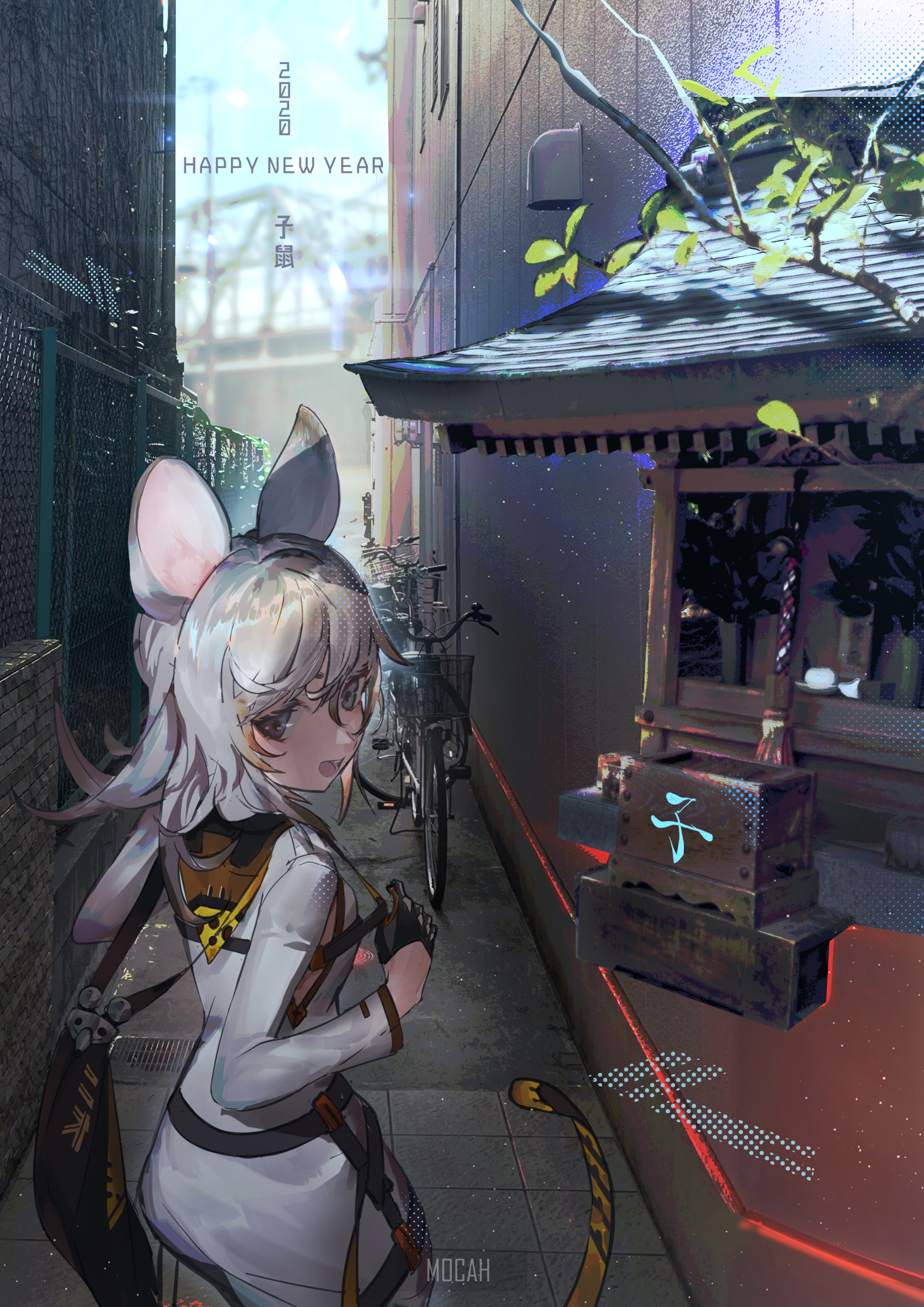 Anime girl with mouse ears in alley with shrine HD Phone Wallpaper