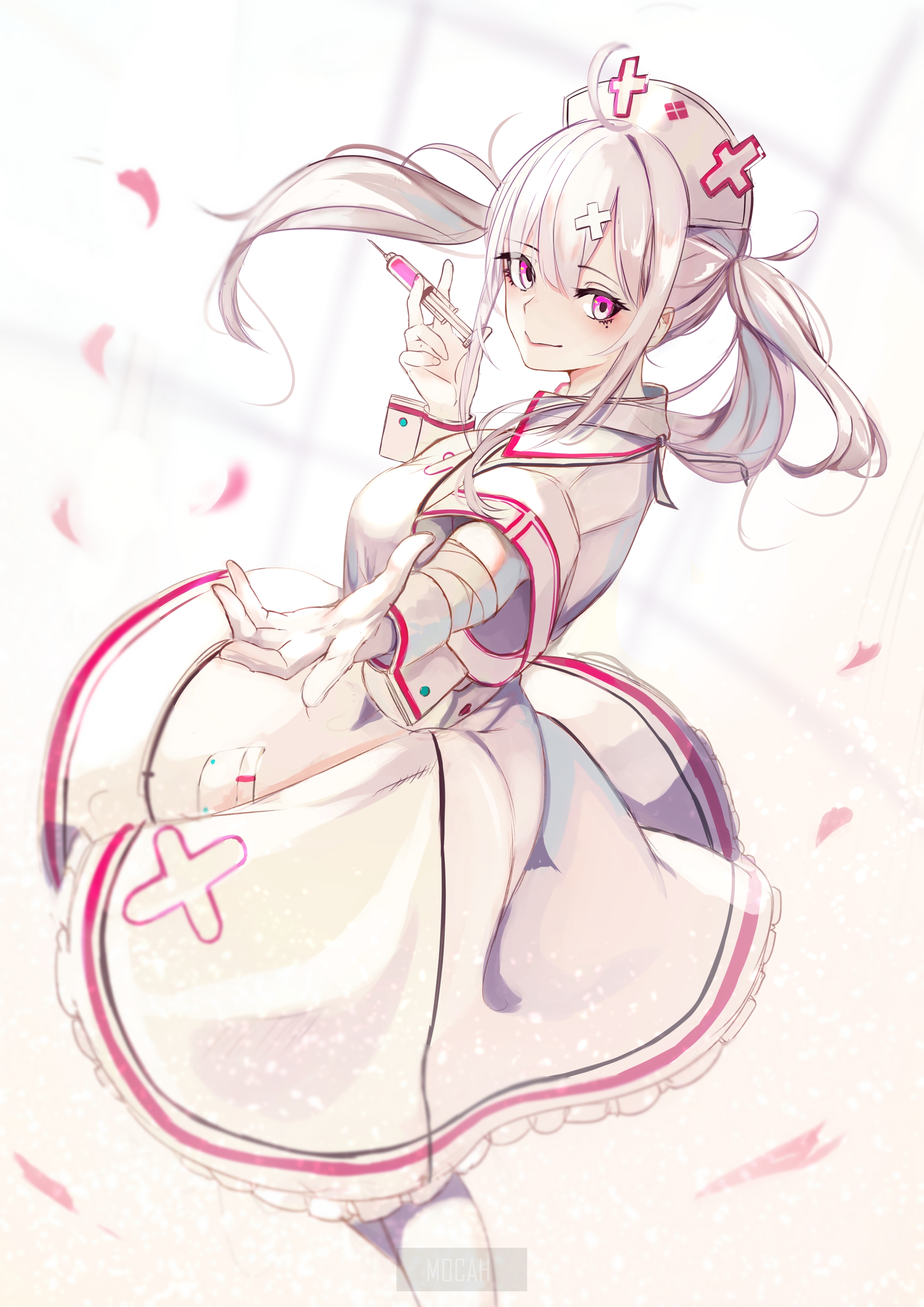 Anime girl in nurse outfit holding syringe HD Phone Wallpaper
