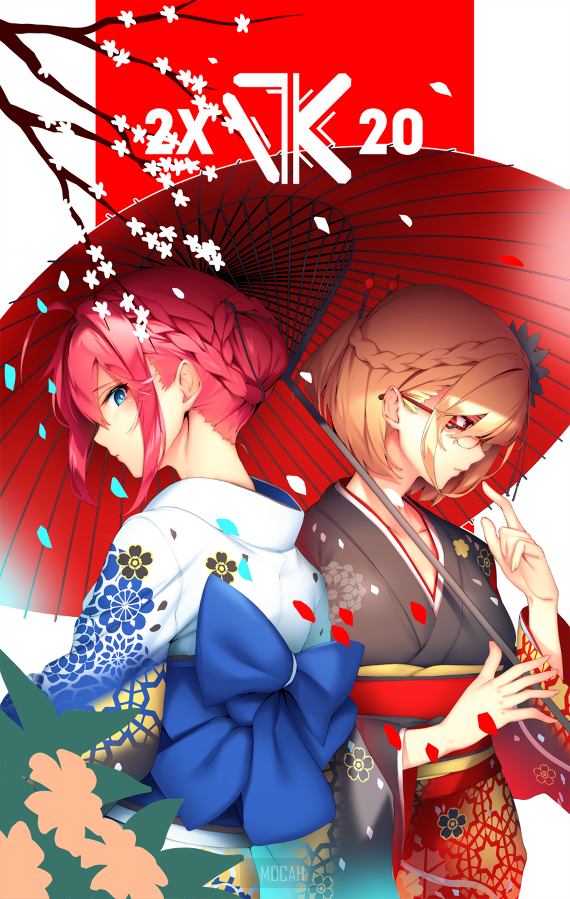 Anime girls in kimonos under umbrellas HD Phone Wallpaper