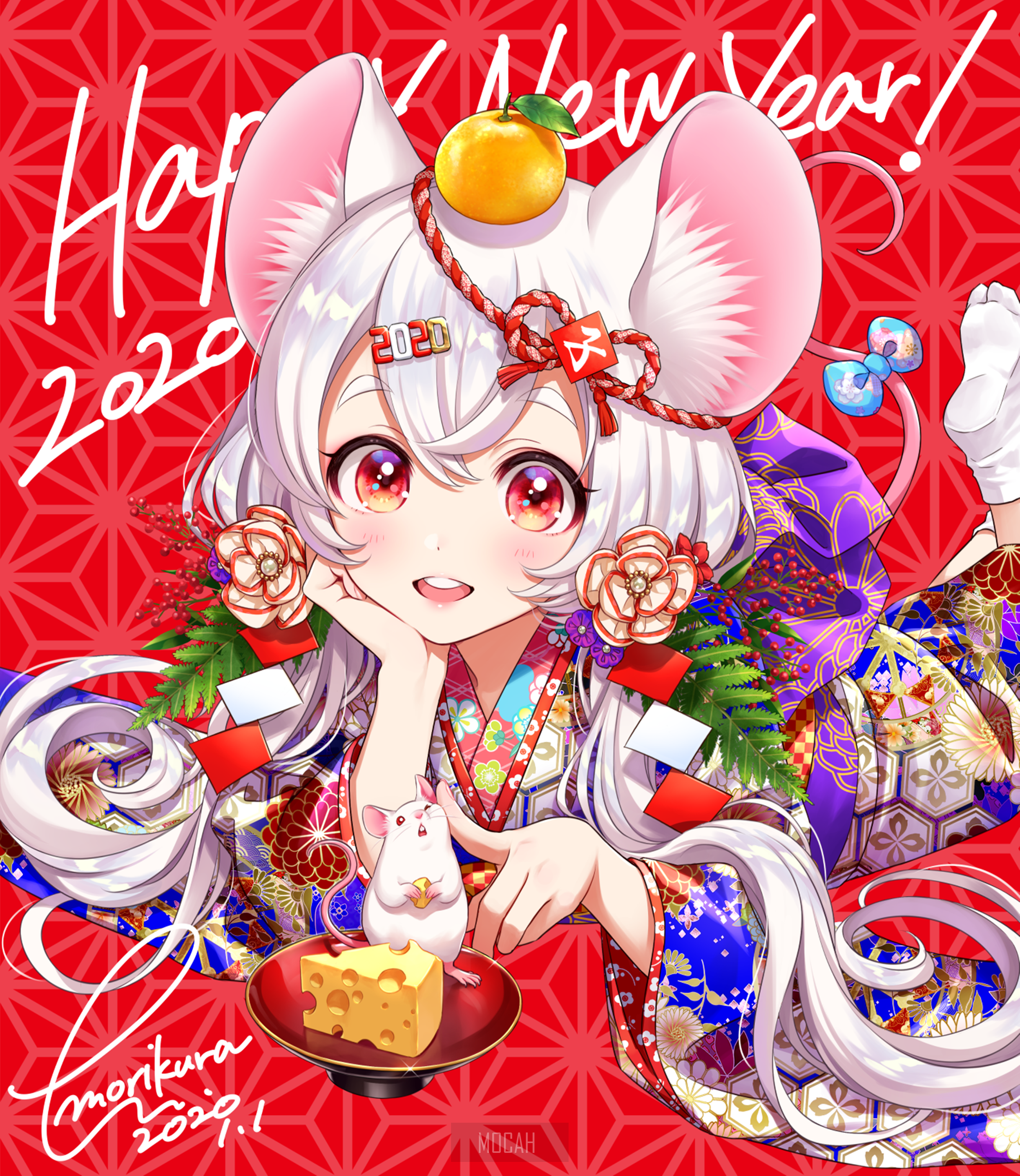 Anime girl with mouse and cheese for New Year 2020 HD Phone Wallpaper