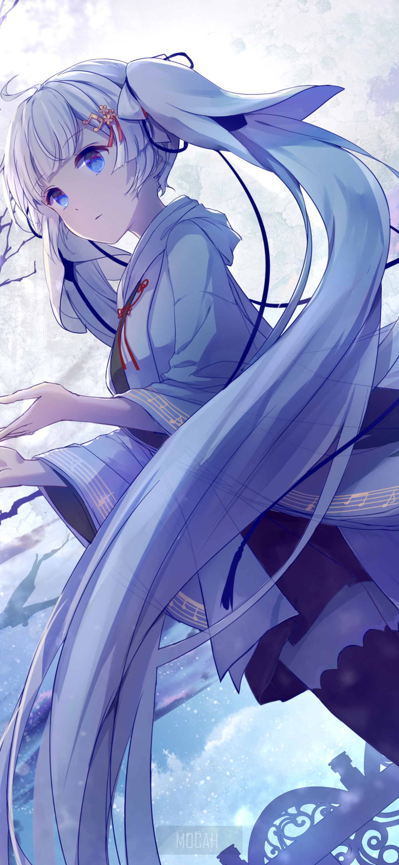 Serene Anime Girl with Flowing Blue Hair HD Phone Wallpaper