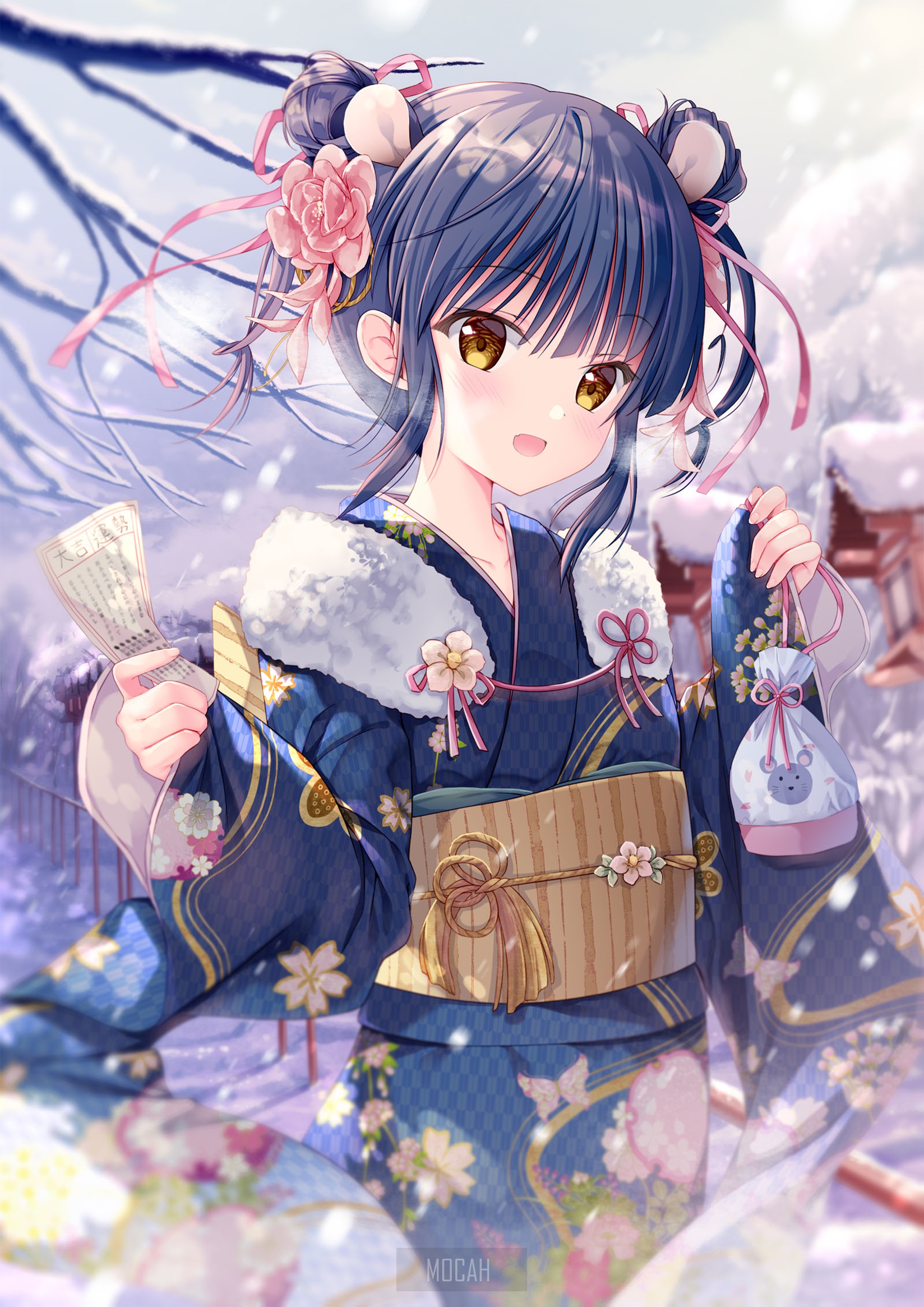 Anime girl in kimono in winter HD Phone Wallpaper