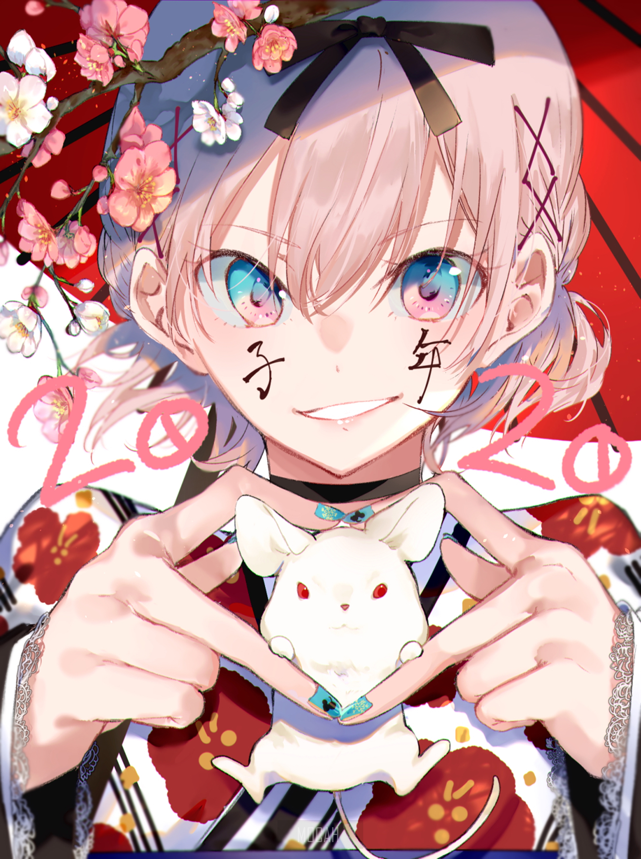 Anime girl with rabbit and cherry blossoms HD Phone Wallpaper
