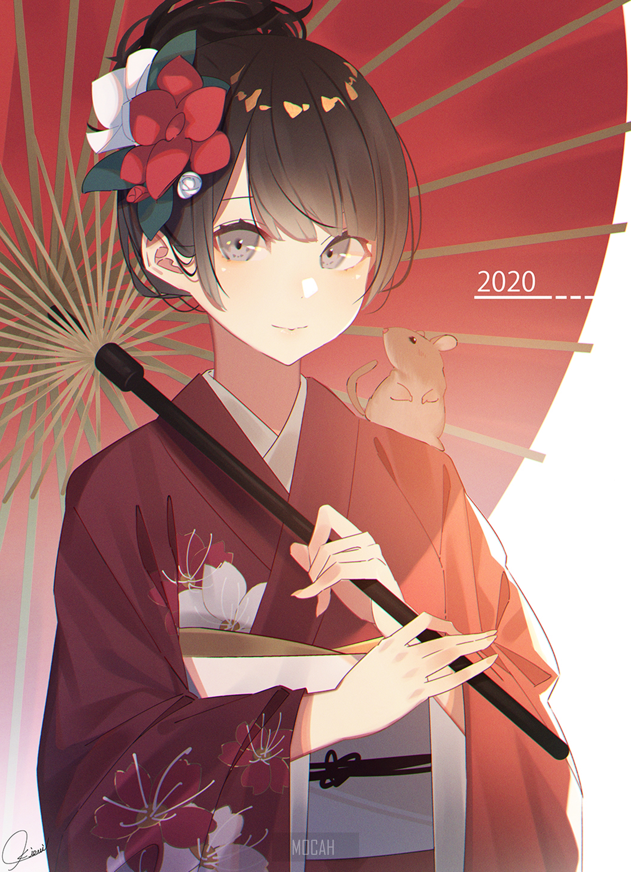 Anime girl in kimono with umbrella and rat HD Phone Wallpaper